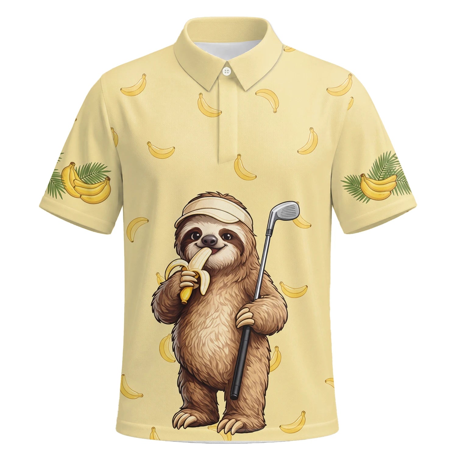 Personalisiertes Golf Poloshirt Hellgelbes Faultier Banane Golfer Cartoon Design für Herren G3327 | Kurzarm Premium | 6.webp