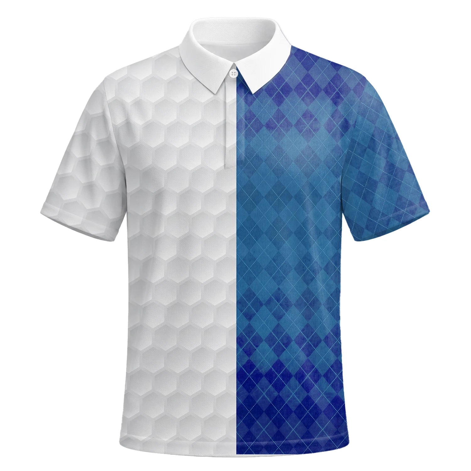 Personalisiertes Golf Poloshirt in Weiß-Blau mit Rautenmuster und Golfball-Textur für Herren M9214 | Kurzarm Premium | 6.webp