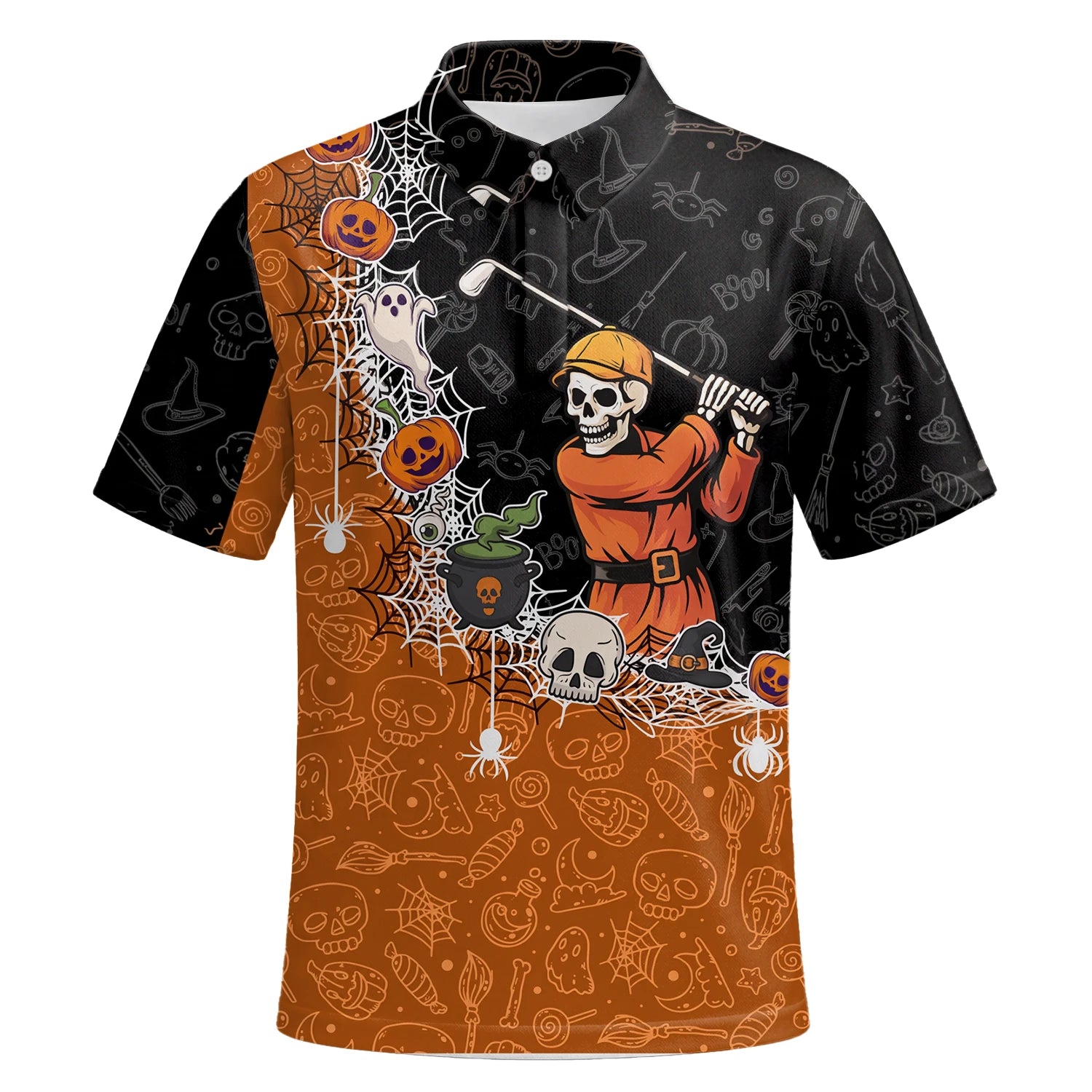 Personalisiertes Golf Poloshirt Schwarz Orange Halloween Skelett Golfer Spinnennetz Design für Herren Y5076 | Kurzarm Premium | 6.webp