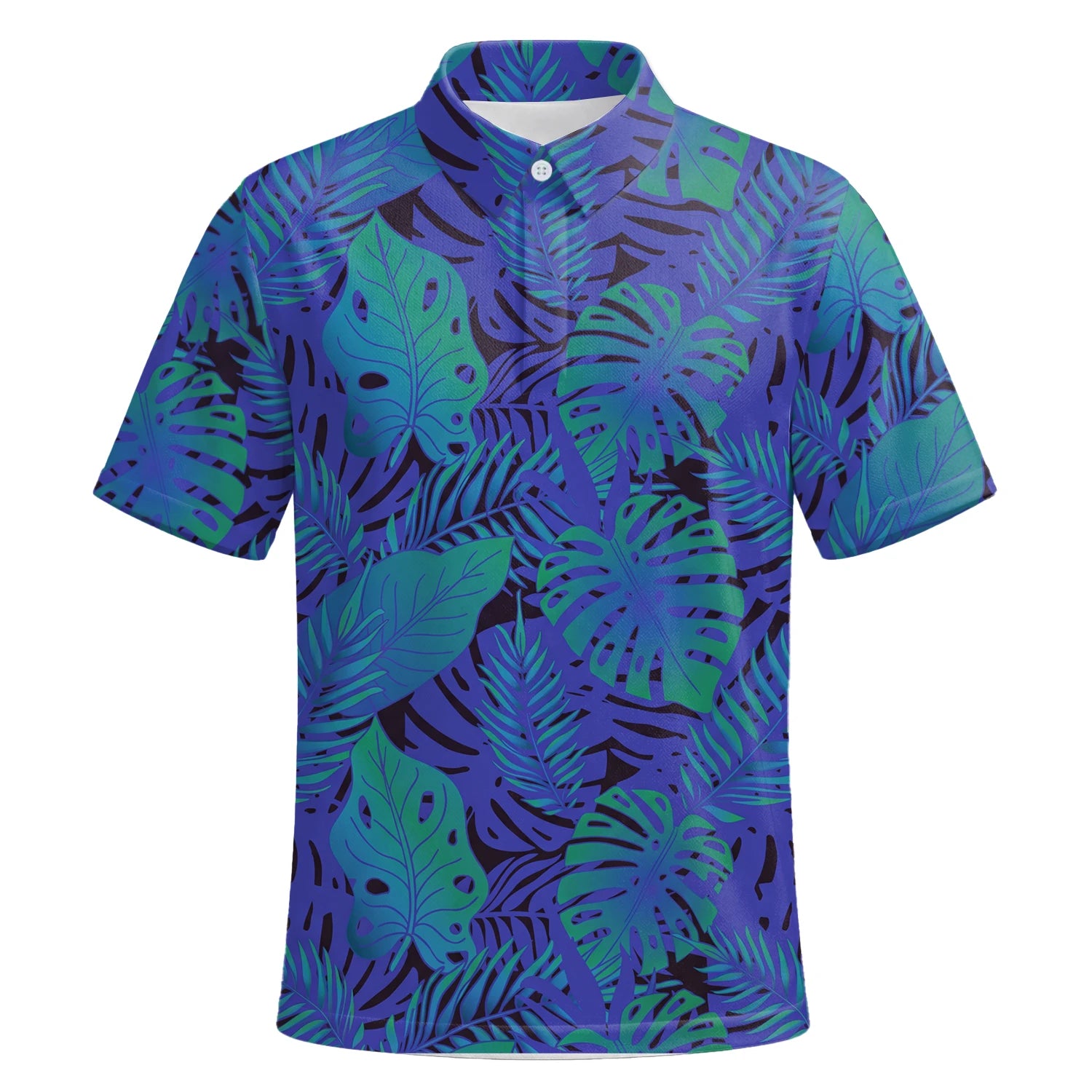 Personalisiertes Golf Poloshirt Blau Lila Tropisches Monstera Blätter Design für Herren G3142 | Kurzarm Premium | 6.webp