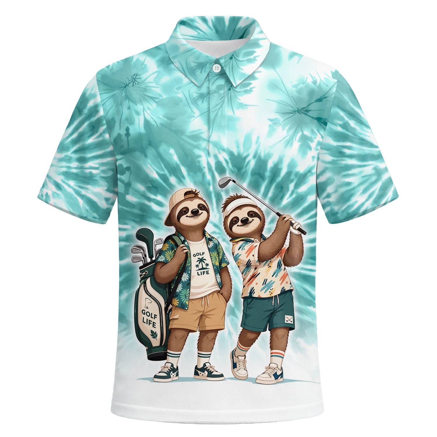 Personalisiertes Golf Poloshirt Türkis Faultier Golfer Cartoon Design für Herren C1614 | Kurzarm Premium | 6.webp