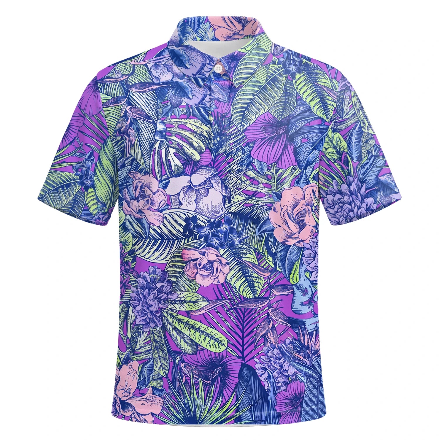 Personalisiertes Golf Poloshirt Lila Blaues Tropisches Blumen Blätter Design für Herren B8037 | Kurzarm Premium | 6.webp