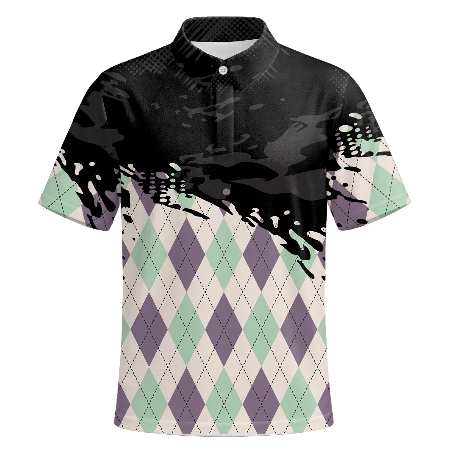 Personalisiertes Golf Poloshirt Schwarz Mint Lila Rauten Farbklecks Design für Herren C5124 | Kurzarm Premium | 6.webp