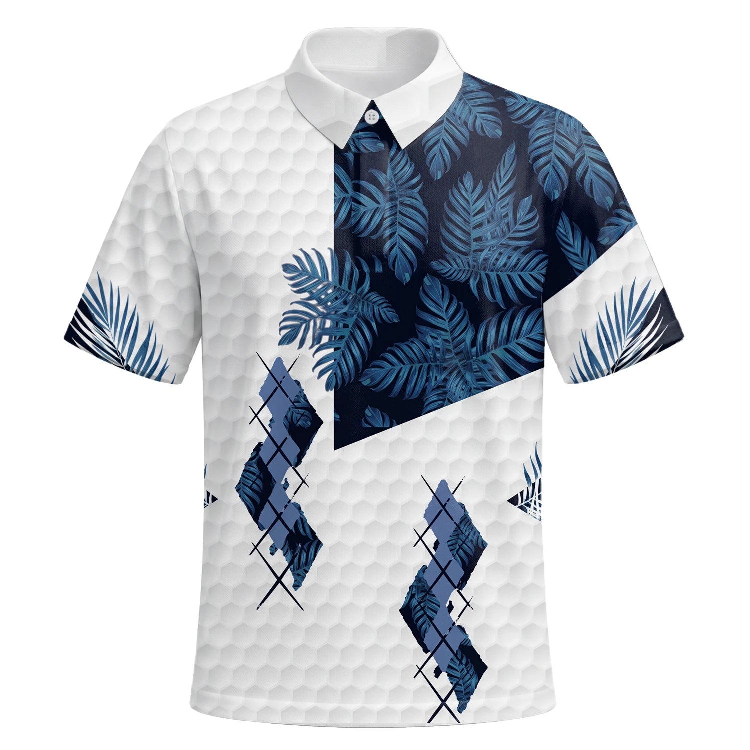 Personalisiertes Golf Poloshirt Weiß Marineblaues Tropisches Blätter Rauten Design für Herren D6549 | Kurzarm Premium | 6.webp