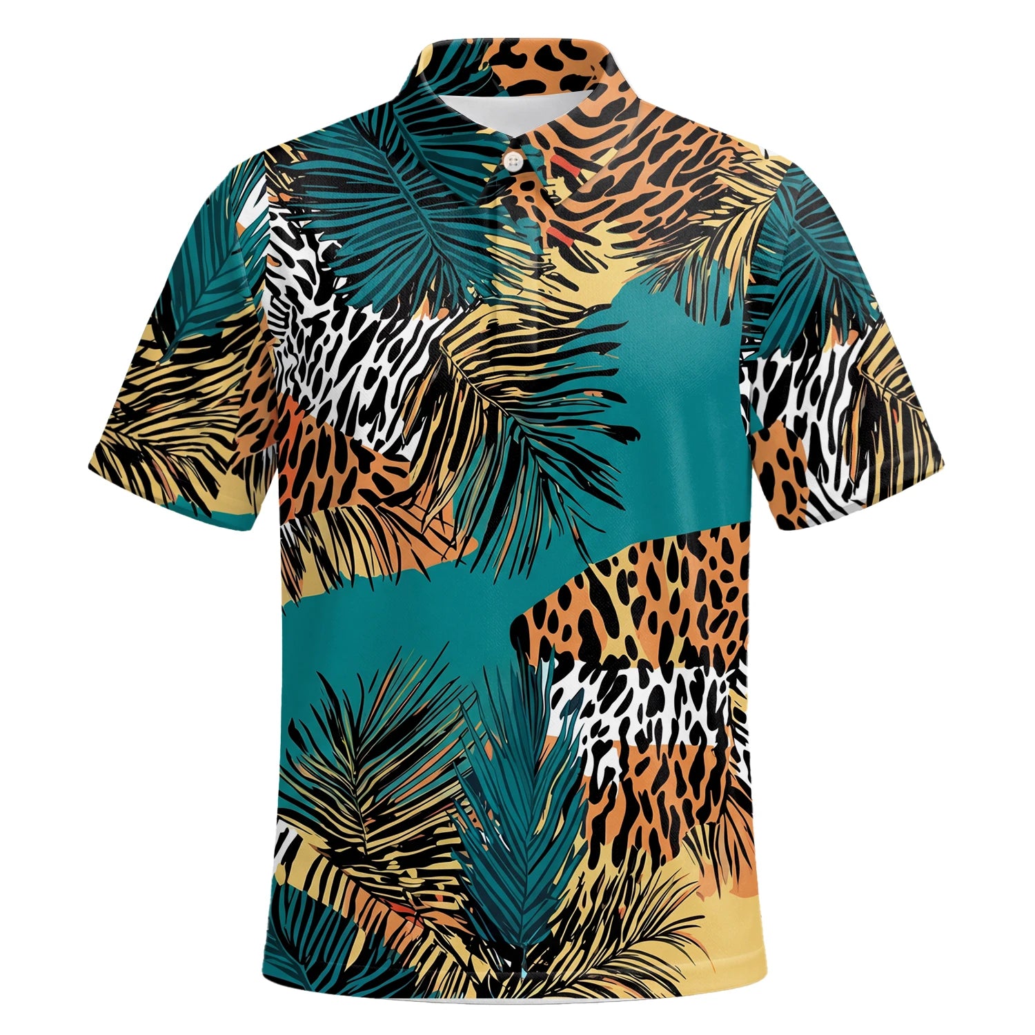 Personalisiertes Golf Poloshirt Türkis Orange Tropisches Palmen Animal Print Design für Herren A7122 | Kurzarm Premium | 6.webp