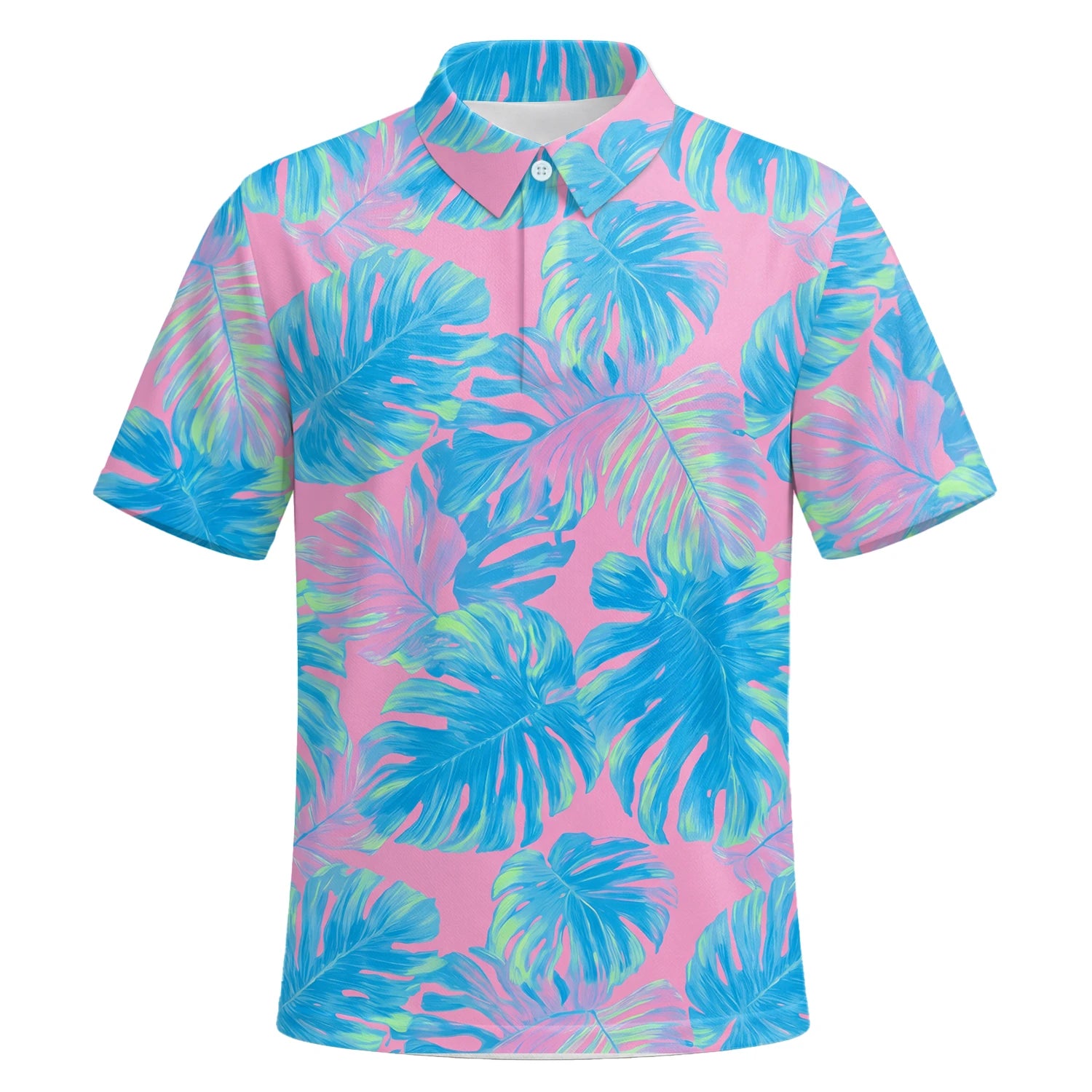 Personalisiertes Golf Poloshirt Rosa Türkis Tropisches Monstera Blätter Design für Herren C8385 | Kurzarm Premium | 6.webp