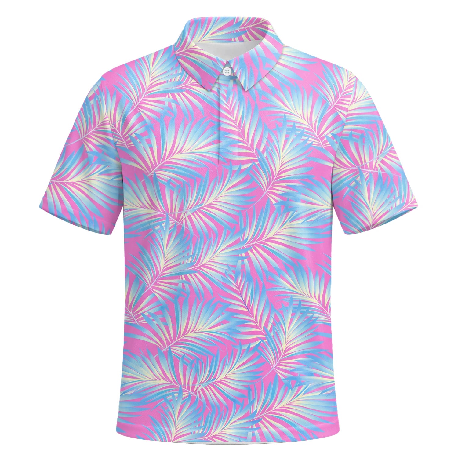 Personalisiertes Golf Poloshirt Rosa Blaues Palmenblätter Design für Herren F1458 | Kurzarm Premium | 6.webp