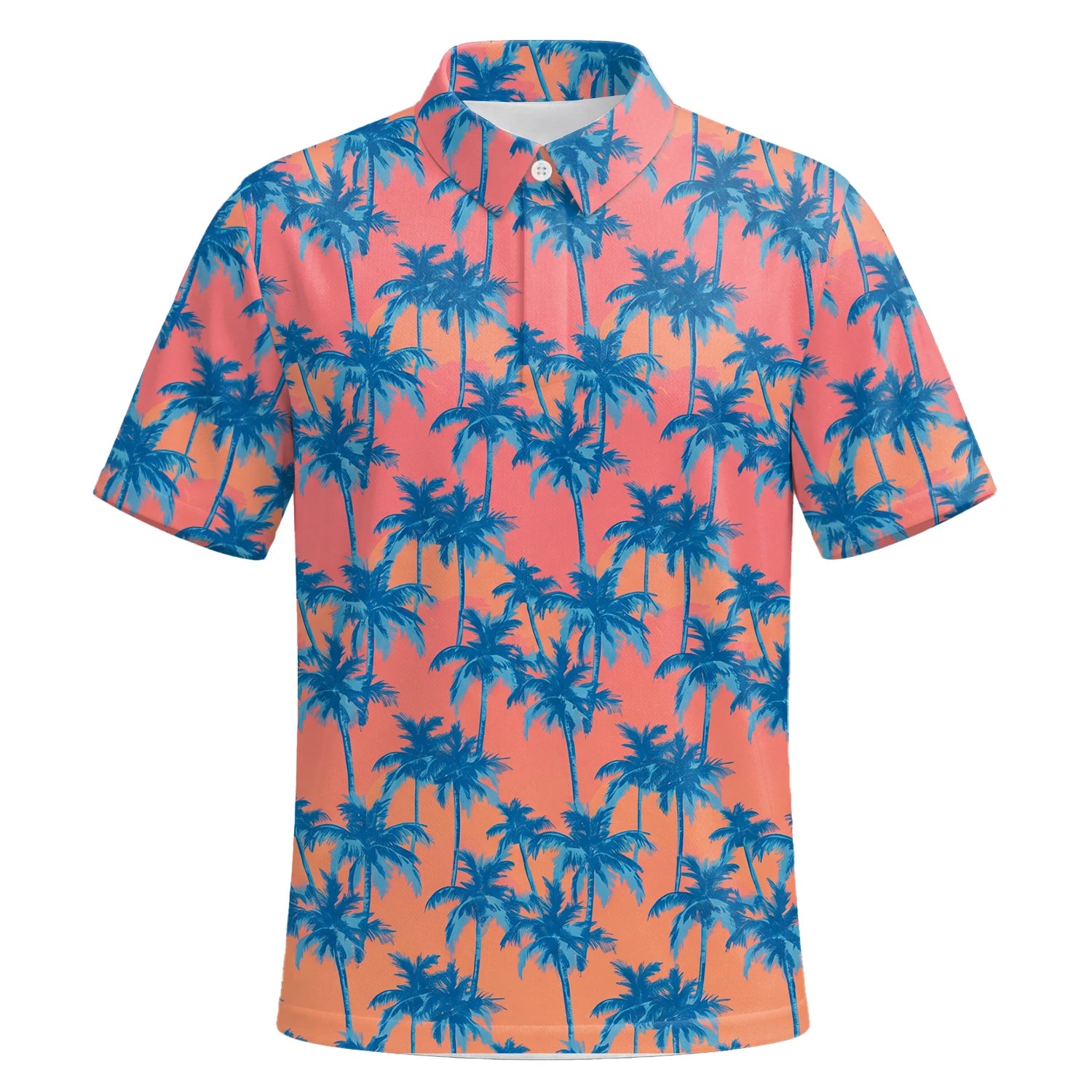 Personalisiertes Golf Poloshirt Korallenrosa Blaues Palmen Design für Herren A5845 | Kurzarm Premium | 6.webp