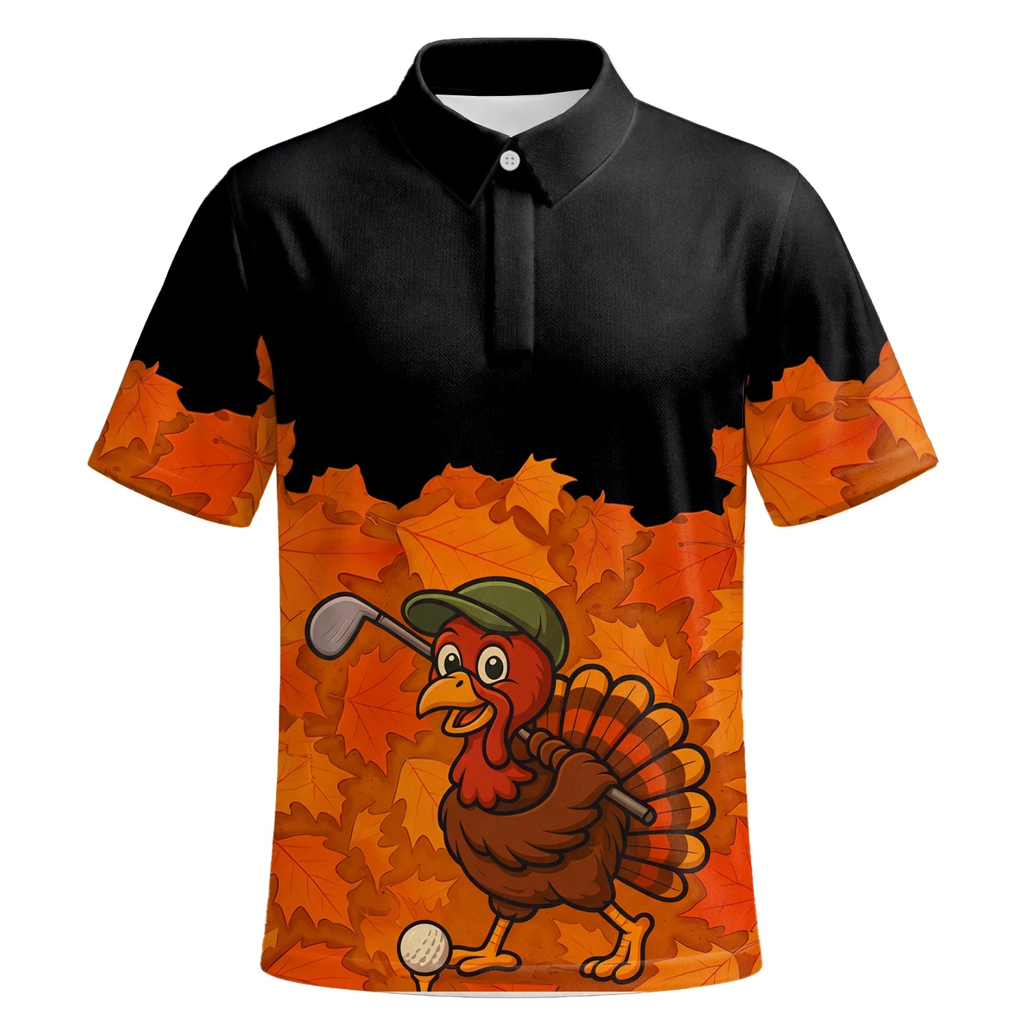 Personalisiertes Golf Poloshirt Schwarz Orange Thanksgiving Truthahn Golfer Design für Herren W0964 | Kurzarm Premium | 6.webp