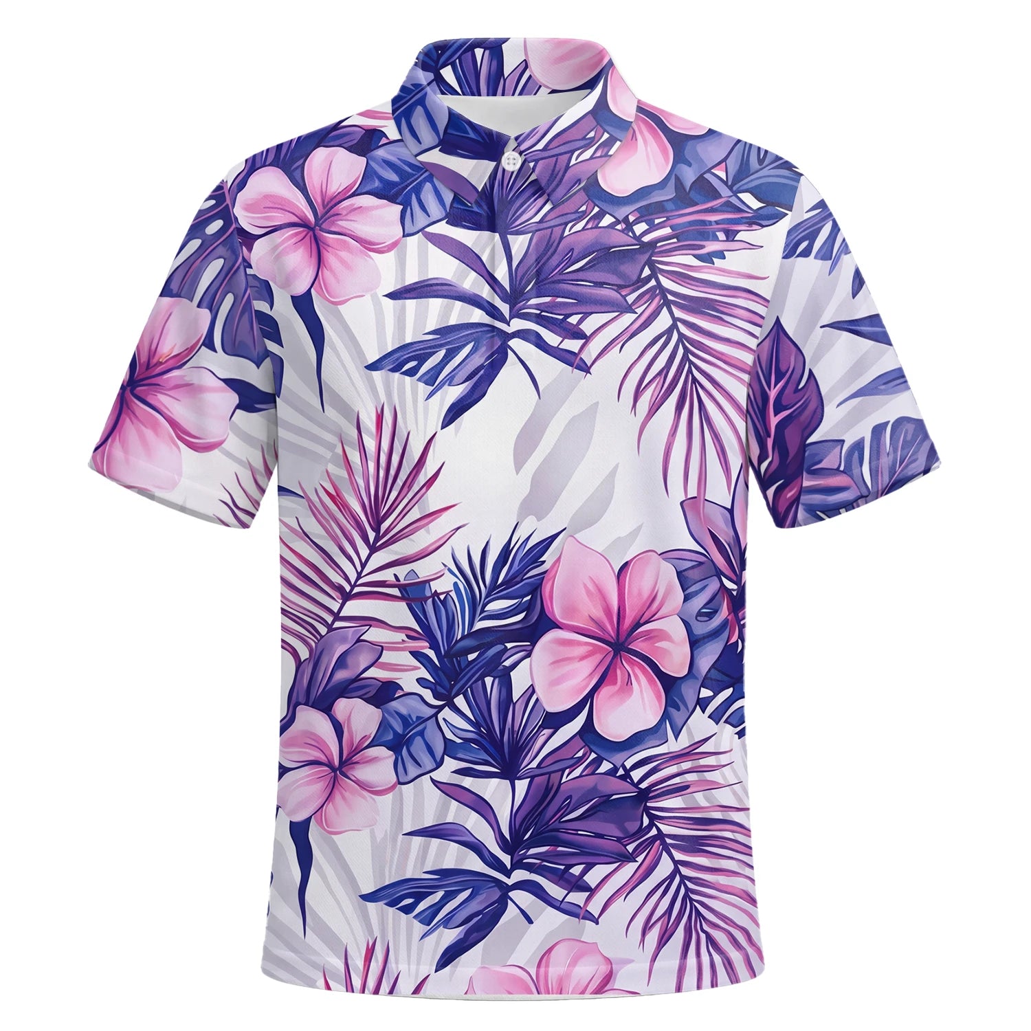 Personalisiertes Golf Poloshirt Weiß Lila Tropisches Hibiskus Blätter Design für Herren H1054 | Kurzarm Premium | 6.webp
