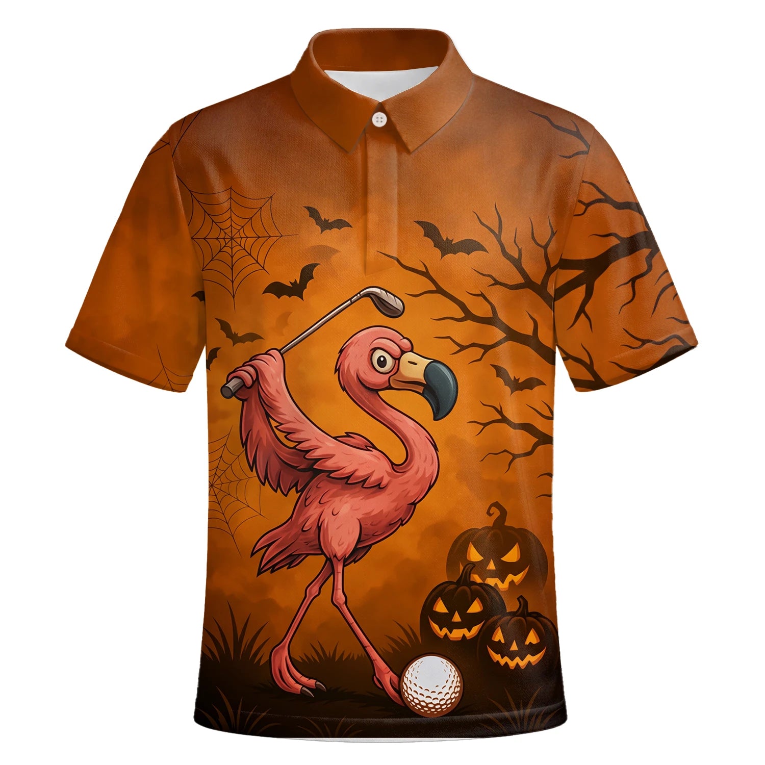 Personalisiertes Golf Poloshirt Orange Halloween Flamingo Golfer Kürbis Design für Herren V7072 | Kurzarm Premium | 6.webp