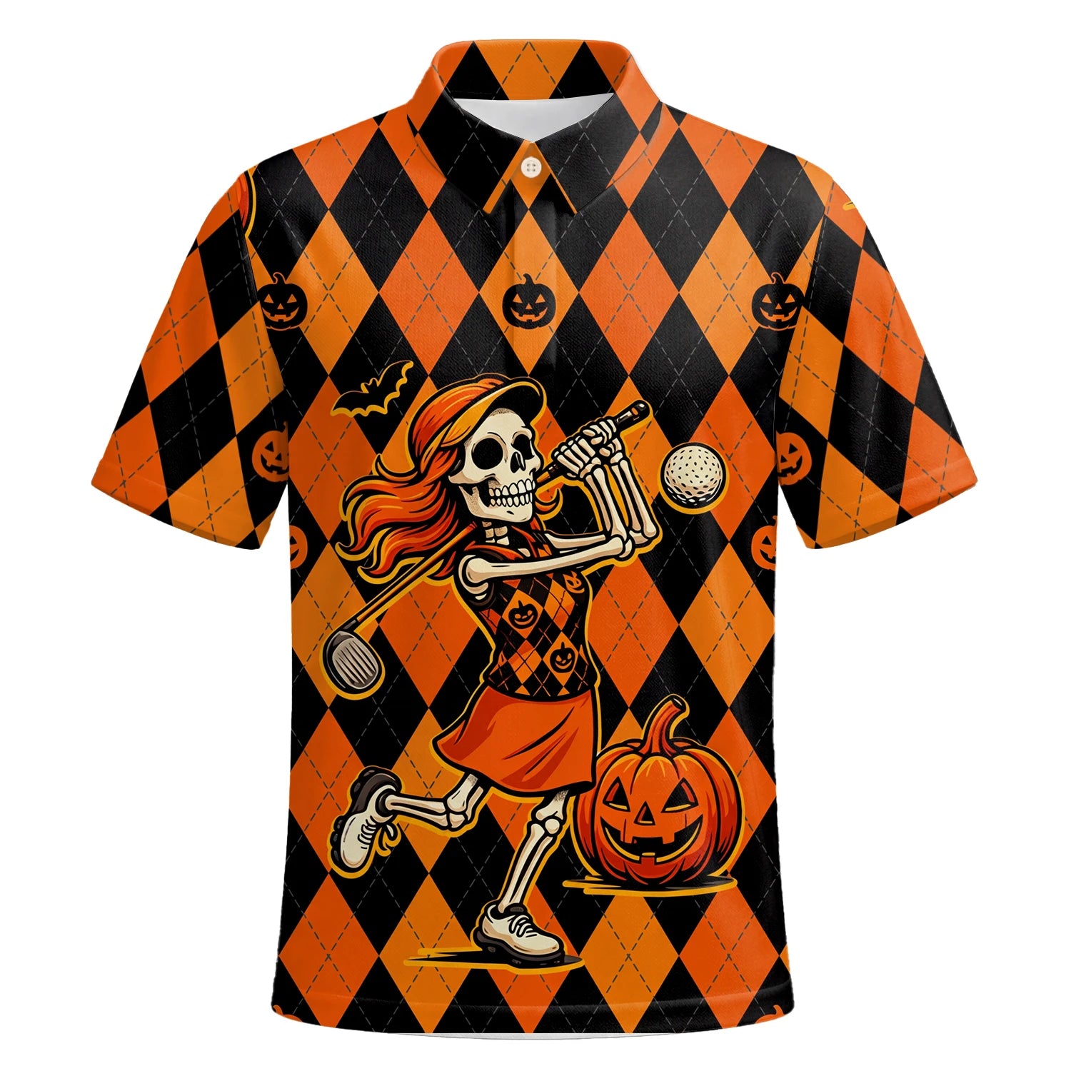 Personalisiertes Golf Poloshirt Orange Schwarzes Halloween Skelett Golfer Kürbis Rauten Design für Herren Z9562 | Kurzarm Premium | 6.webp