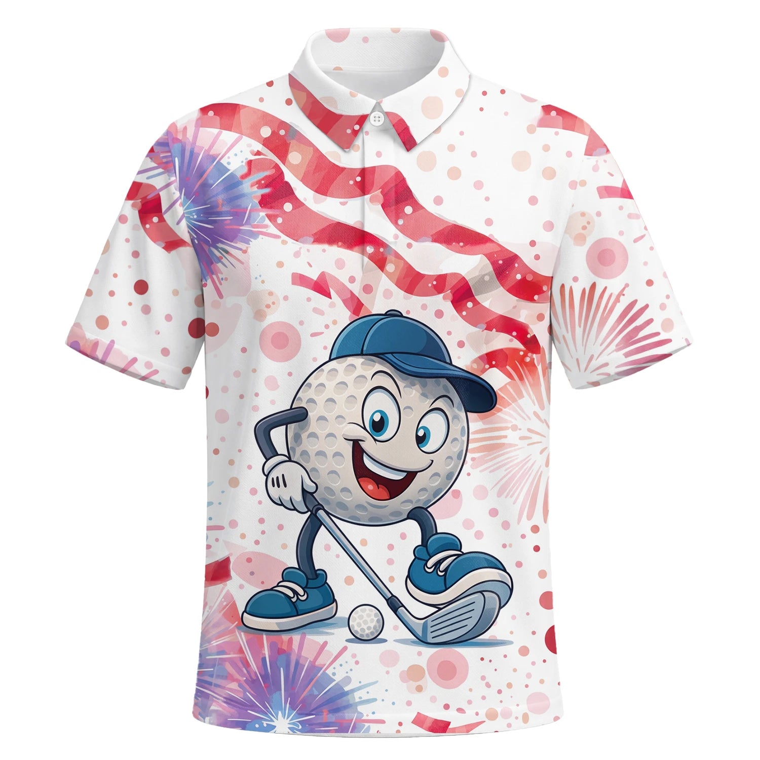 Personalisiertes Golf Poloshirt Weiß Rosa Golfball Cartoon Feuerwerk Design für Herren C2083 | Kurzarm Premium | 6.webp