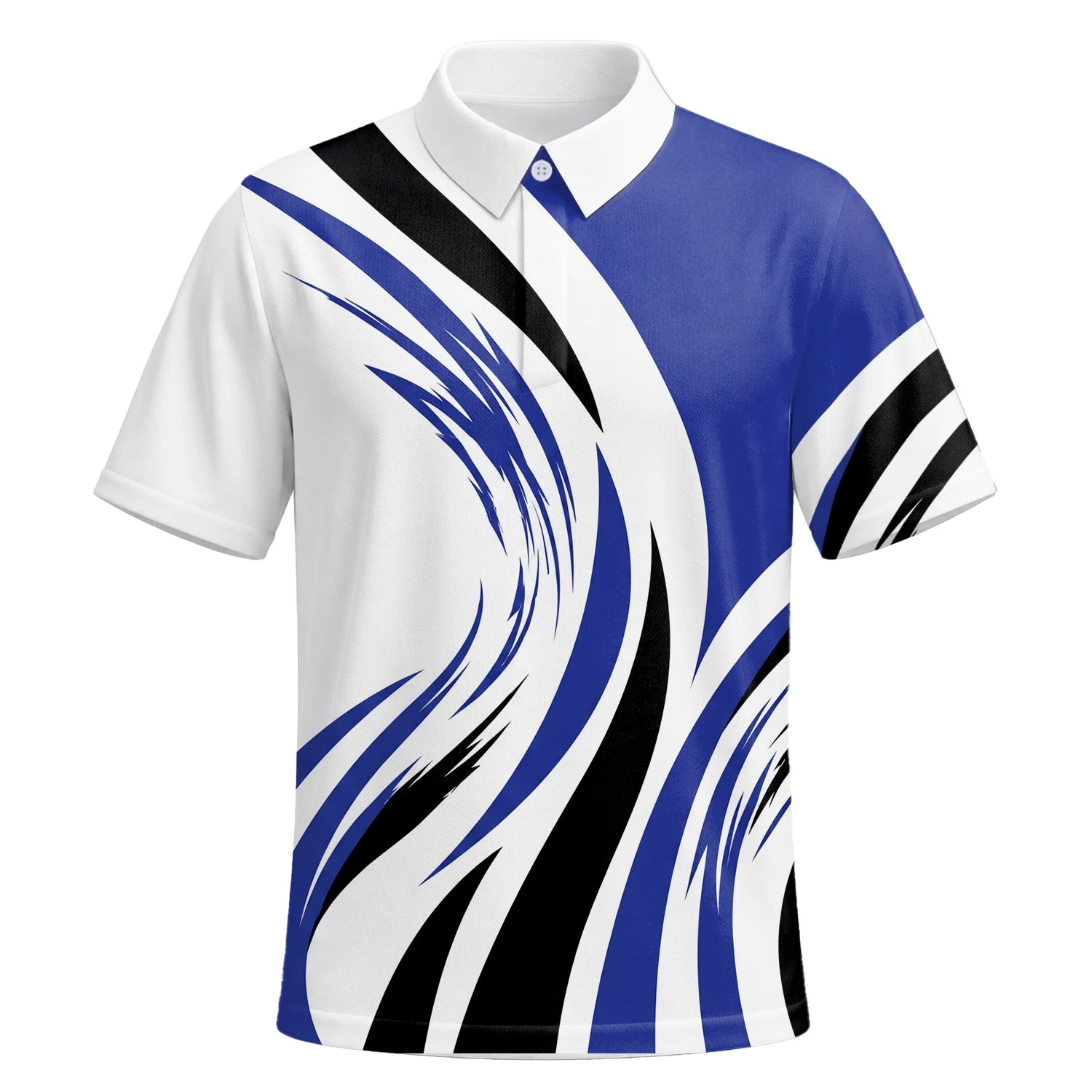 Personalisiertes Golf Poloshirt Weiß Blau Schwarzes Abstraktes Wellen Design für Herren V7849 | Kurzarm Premium | 6.webp