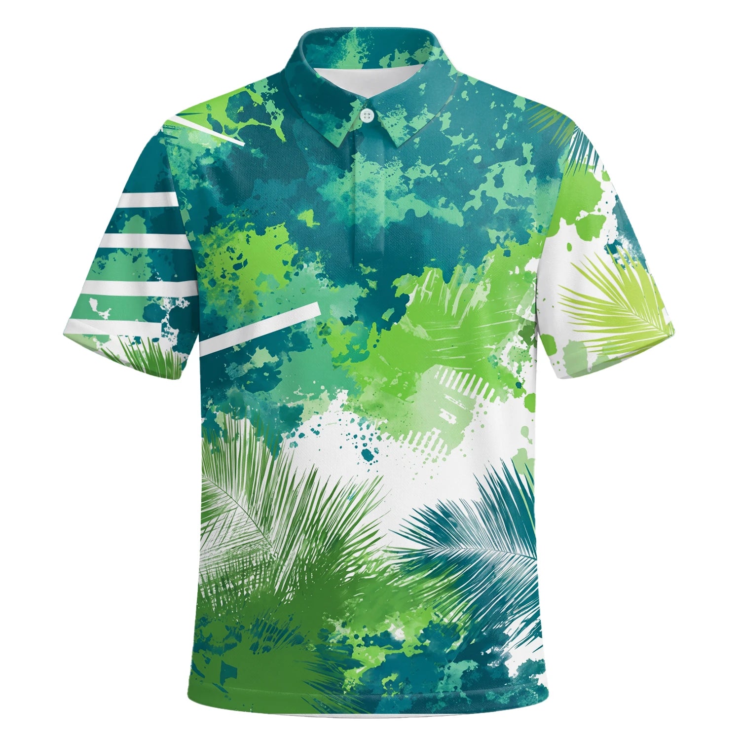 Personalisiertes Golf Poloshirt Grün Blaues Tropisches Blätter Farbklecks Design für Herren B7869 | Kurzarm Premium | 6.webp