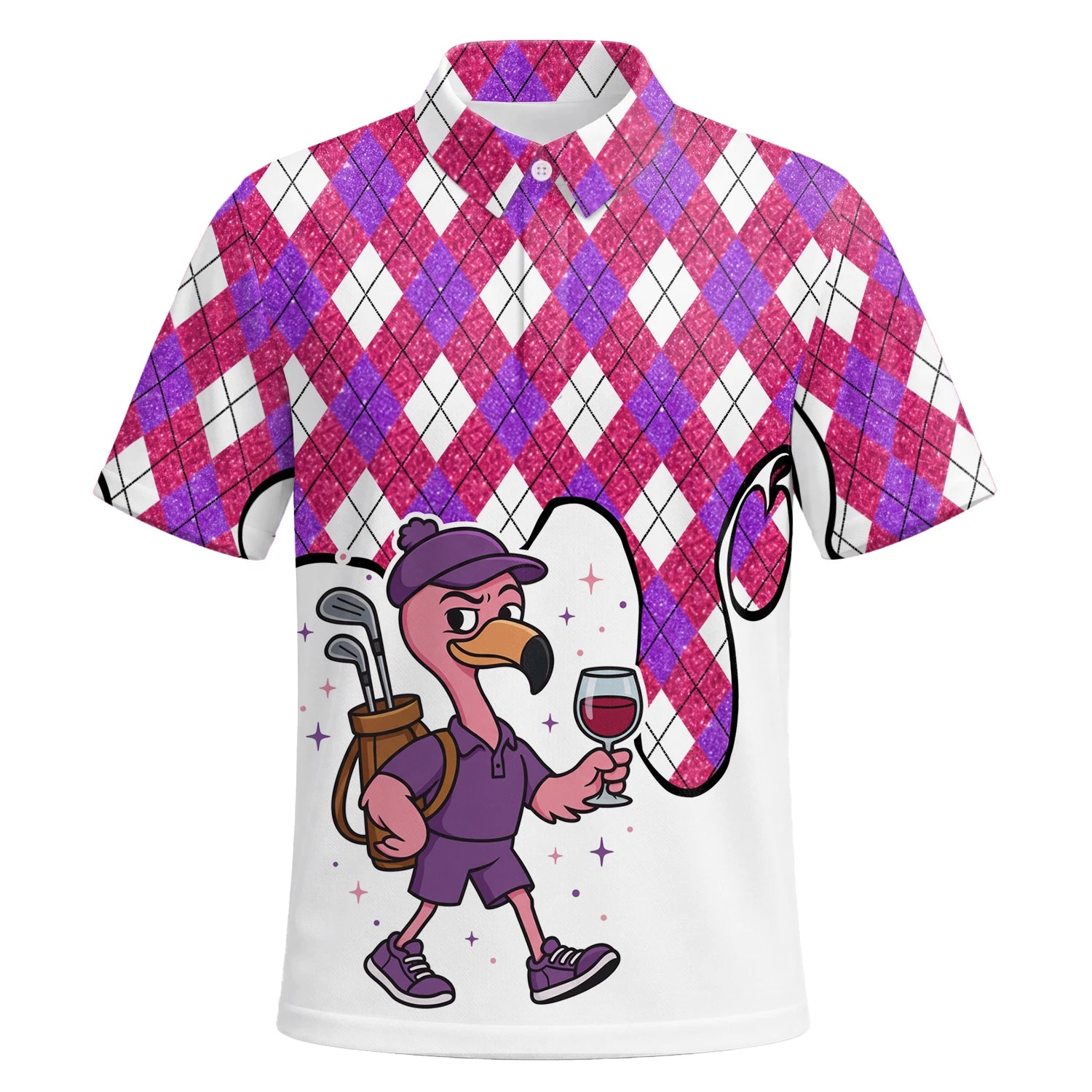 Personalisiertes Golf Poloshirt Pink Lila Rauten Strauß Golfer Cartoon Design für Herren D7000 | Kurzarm Premium | 6.webp