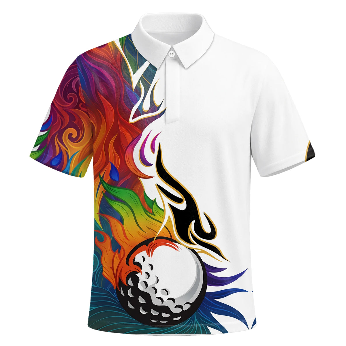 Personalisiertes Golf Poloshirt Weißes Regenbogen Flammen Golfball Design für Herren P6012 | Kurzarm Premium | 6.webp