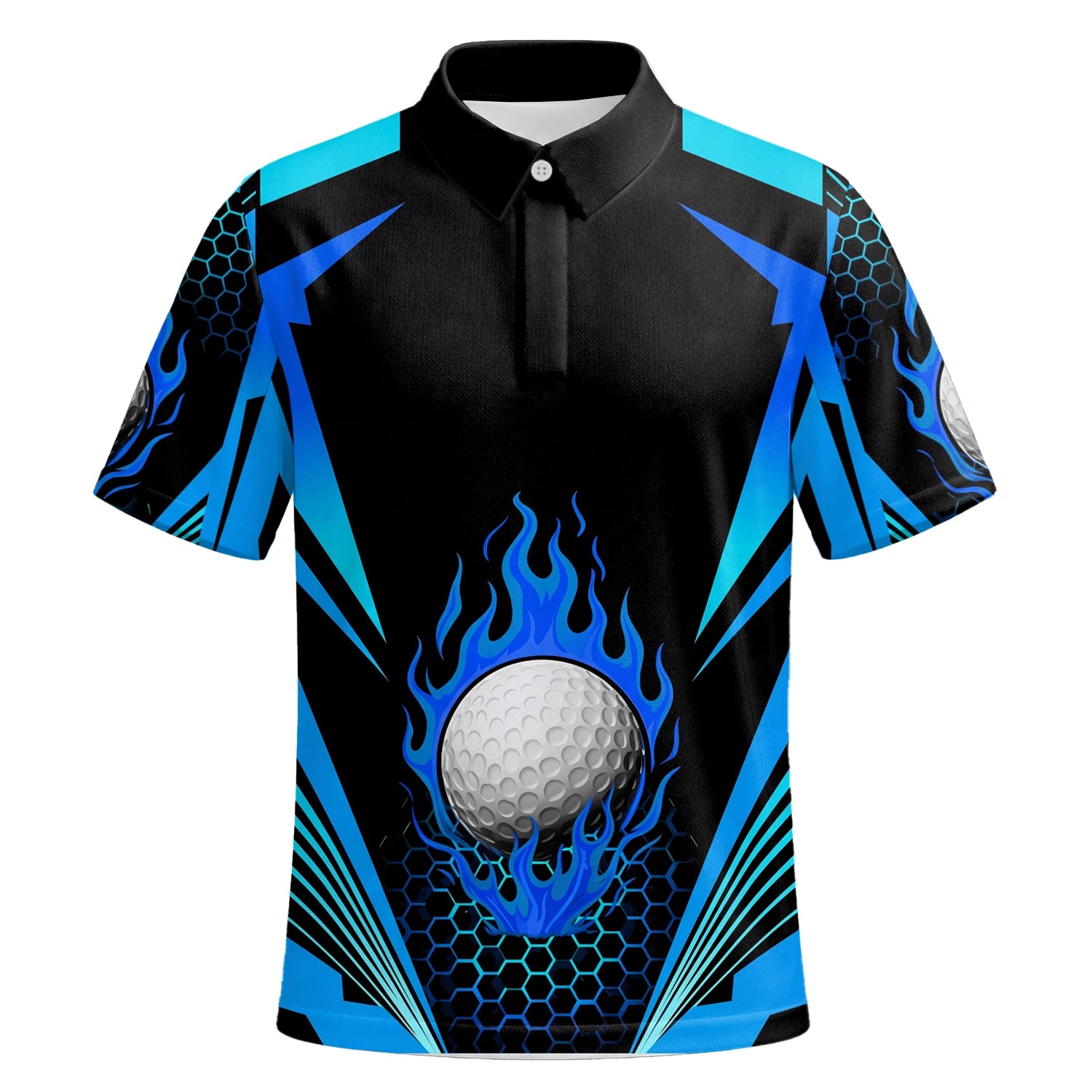 Personalisiertes Golf Poloshirt Schwarz Blaues Golfball Flammen Design für Herren Y8576 | Kurzarm Premium | 6.webp