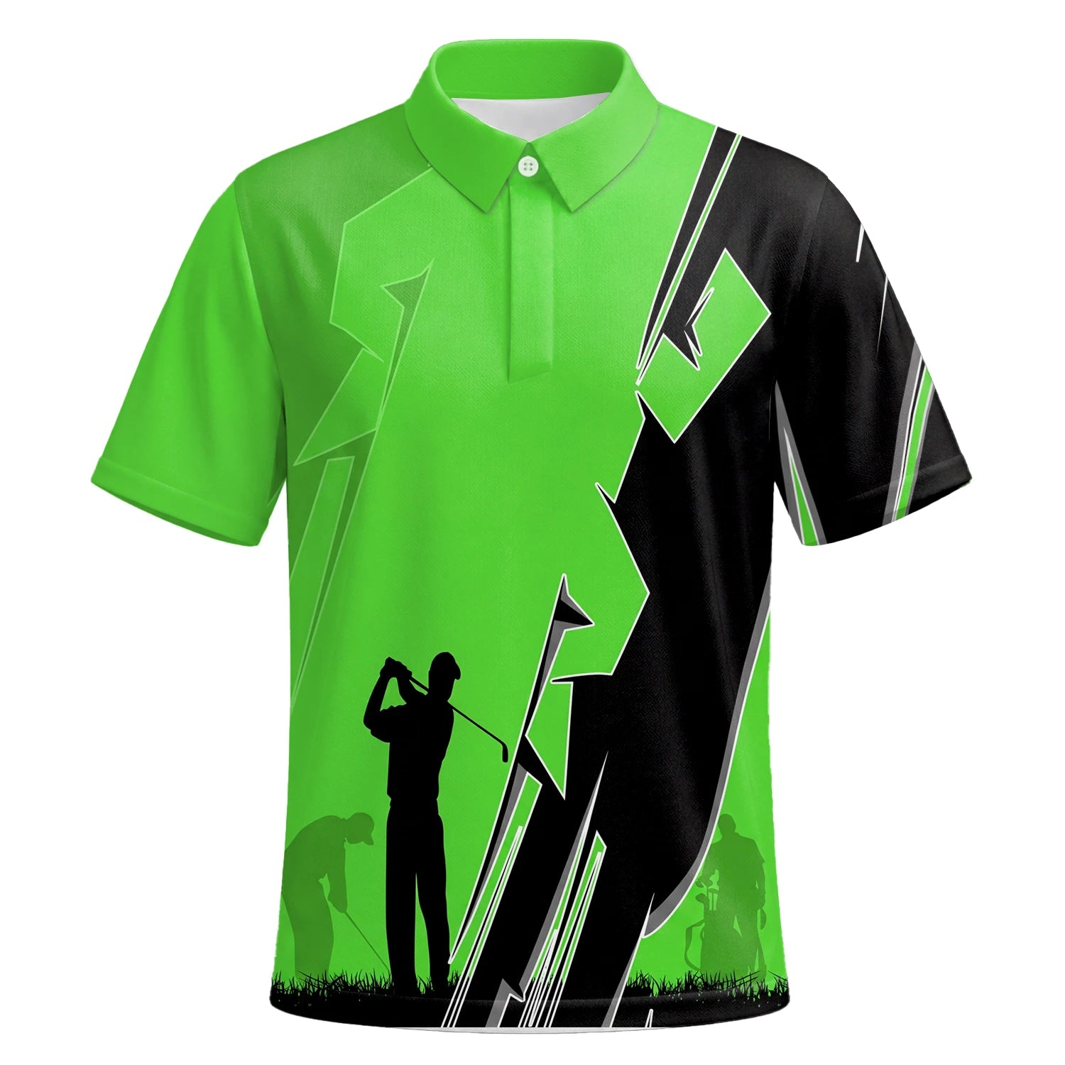 Personalisiertes Golf Poloshirt Limettengrünes Golfer Silhouetten Blitz Design für Herren V5316 | Kurzarm Premium | 6.webp