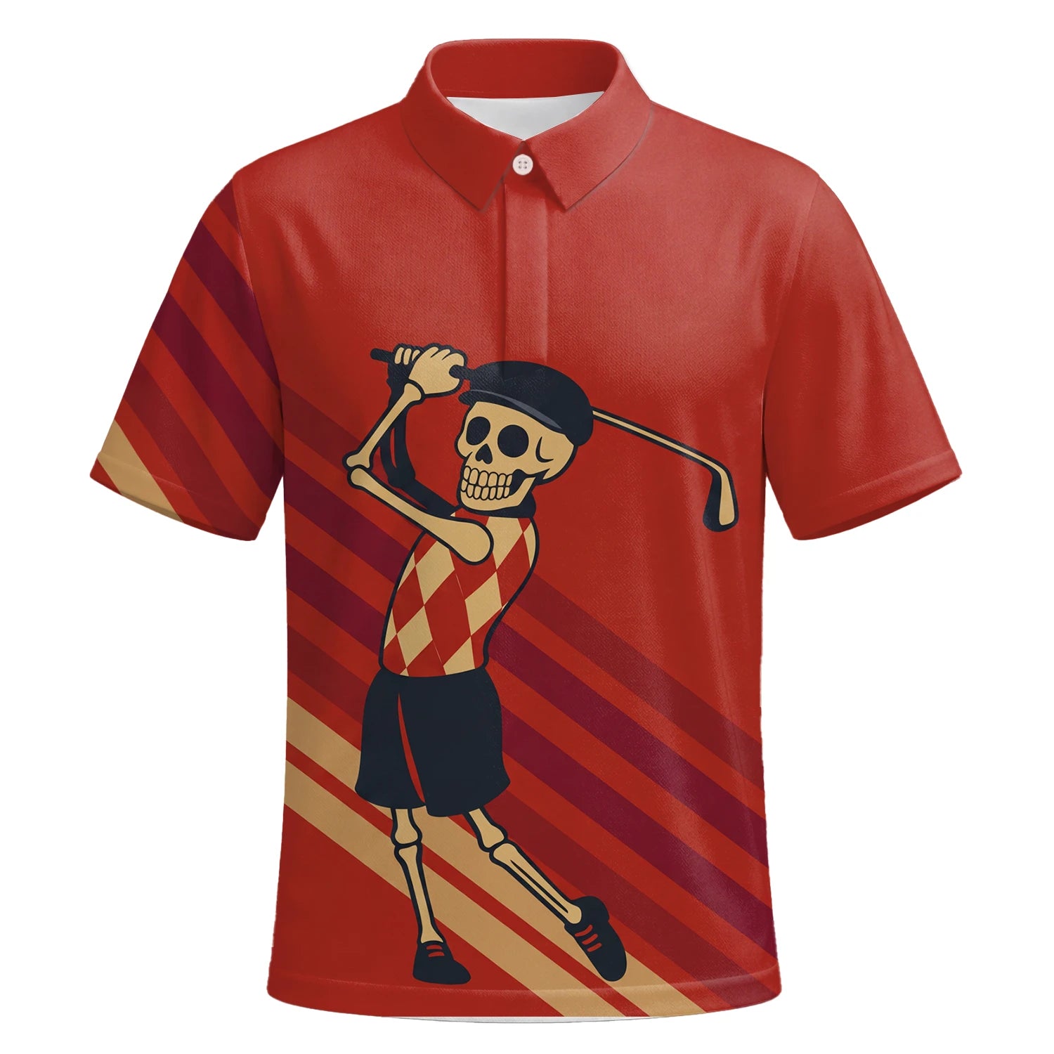 Personalisiertes Golf Poloshirt Rotes Skelett Golfer Cartoon Design für Herren F3648 | Kurzarm Premium | 6.webp