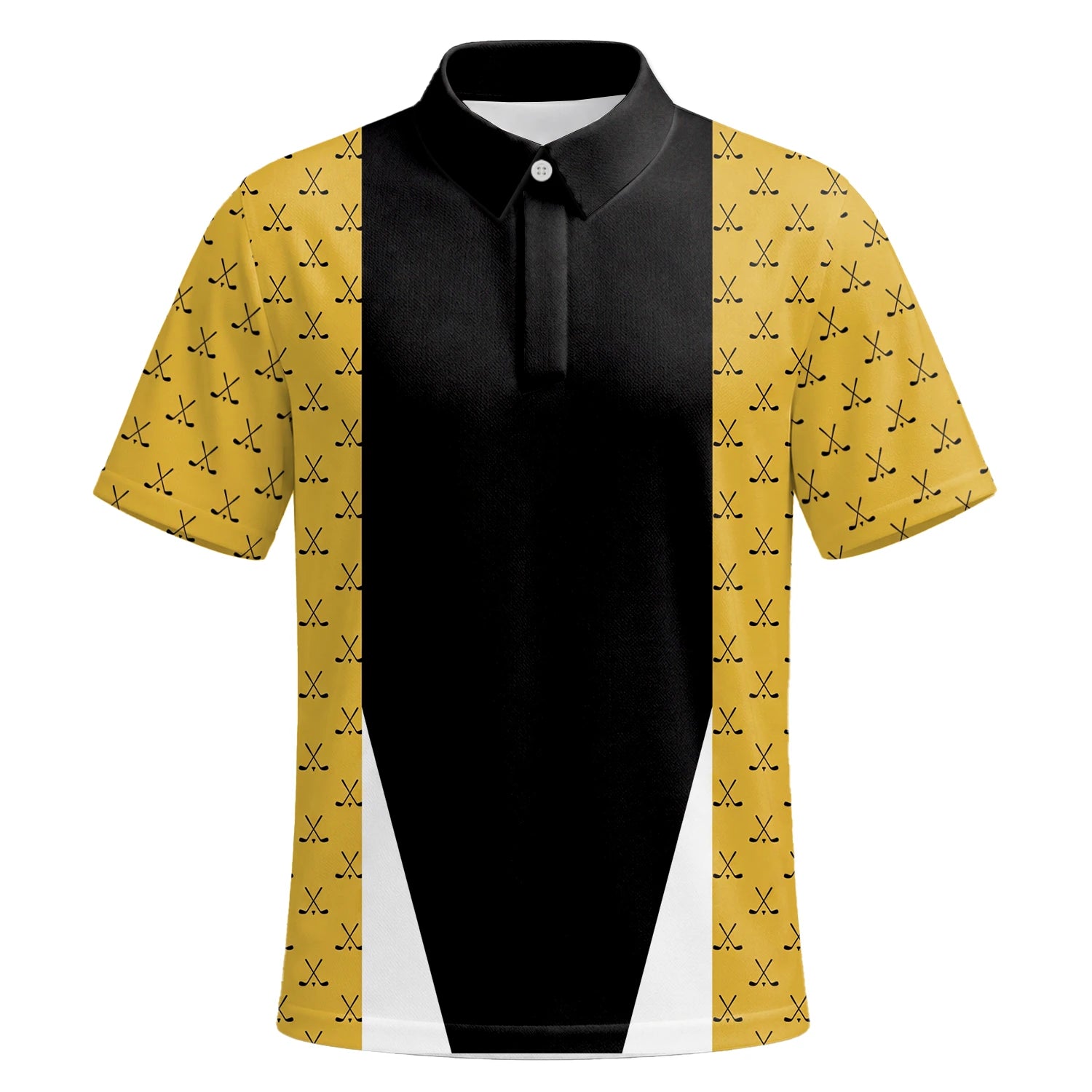 Personalisiertes Golf Poloshirt in Schwarz-Gold mit Golfschläger-Muster und Streifen für Herren B5489 | Kurzarm Premium | 6.webp