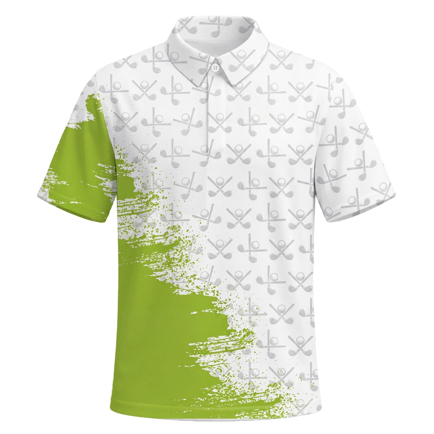 Personalisiertes Golf Poloshirt in Weiß-Limettengrün mit Golfschläger-Muster und Farbklecks für Herren H4508 | Kurzarm Premium | 6.webp