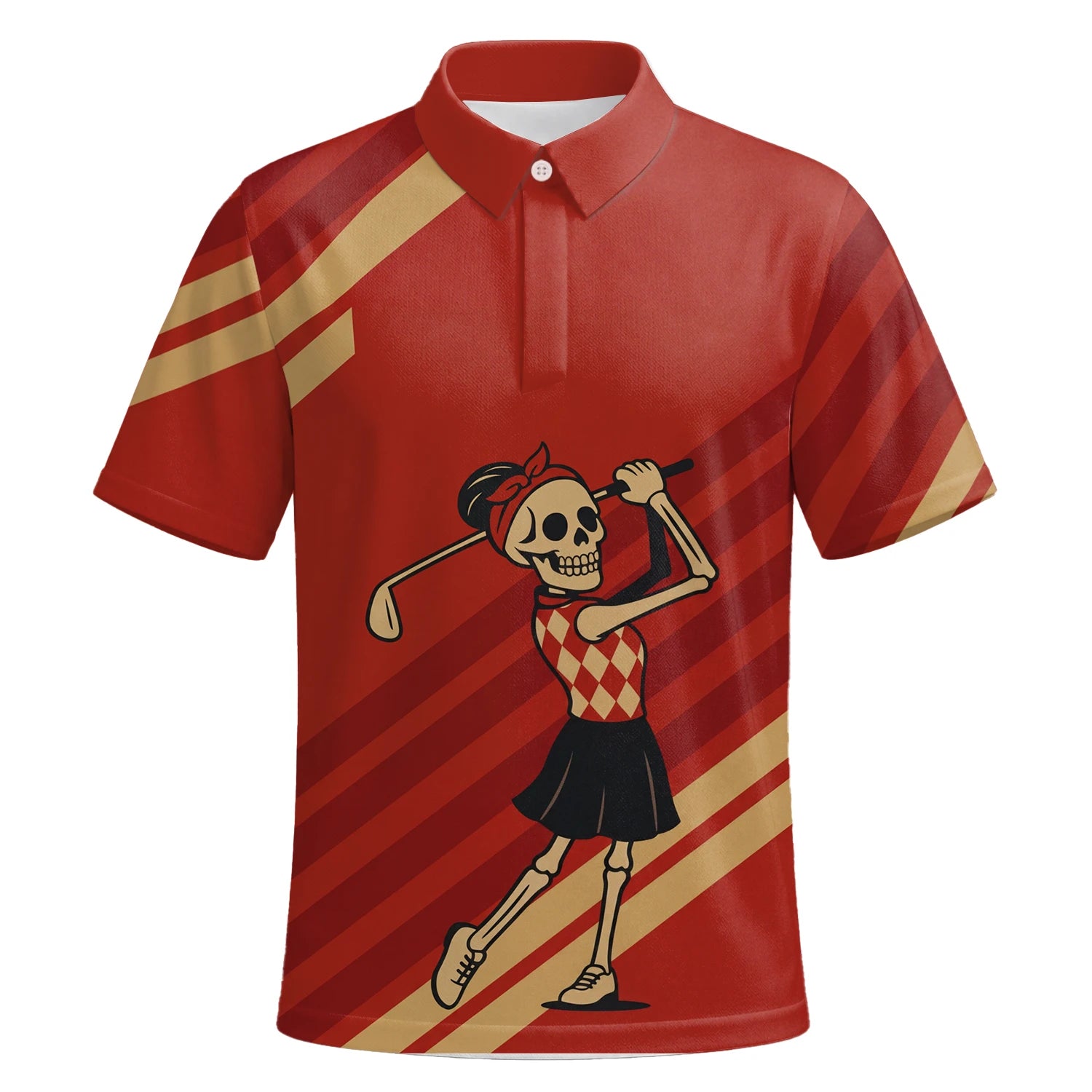Personalisiertes Golf Poloshirt Rotes Skelett Golfer Cartoon Design für Herren Y0970 | Kurzarm Premium | 6.webp