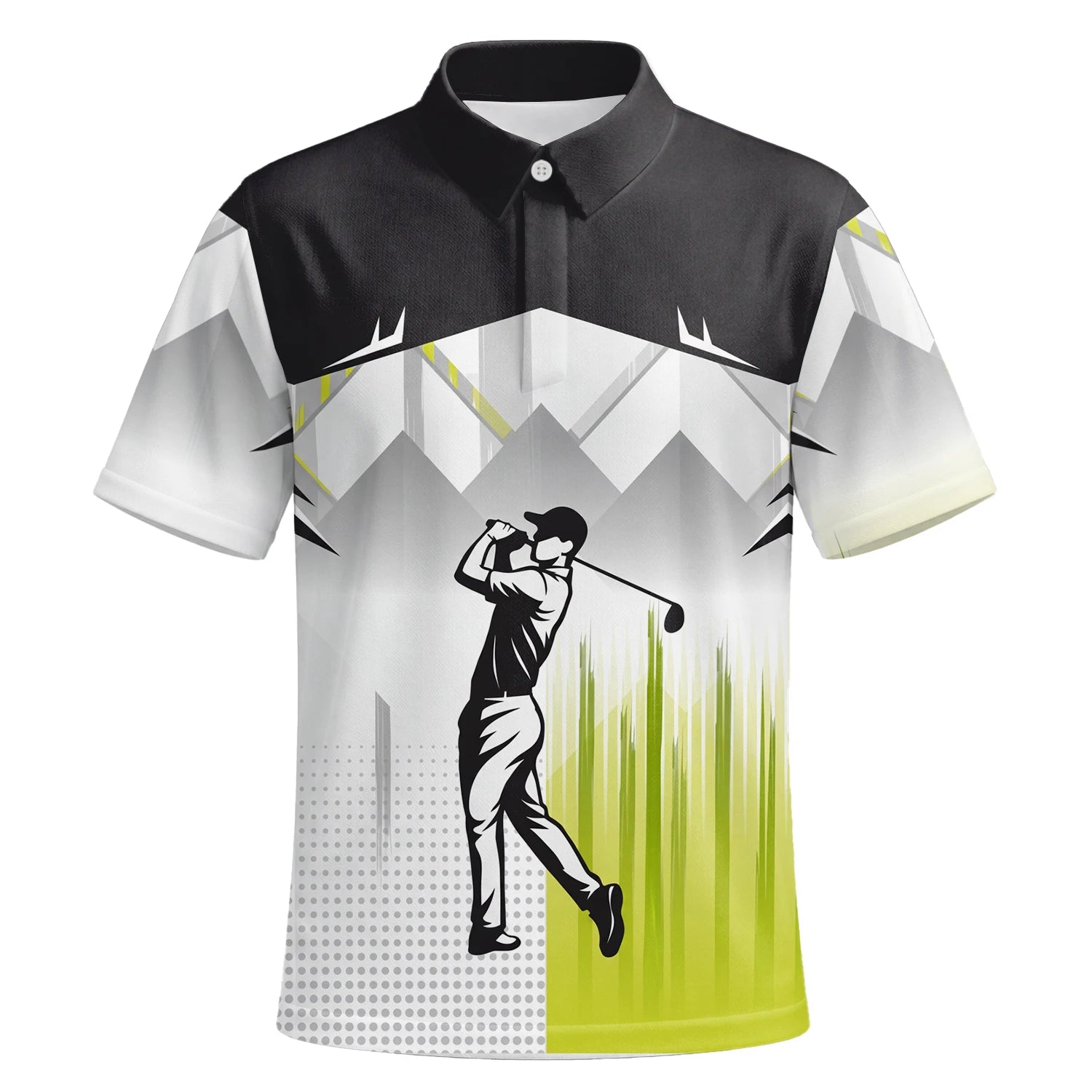 Personalisiertes Golf Poloshirt Schwarz Grau Limettengrünes Golfer Silhouetten Design für Herren F4552 | Kurzarm Premium | 6.webp