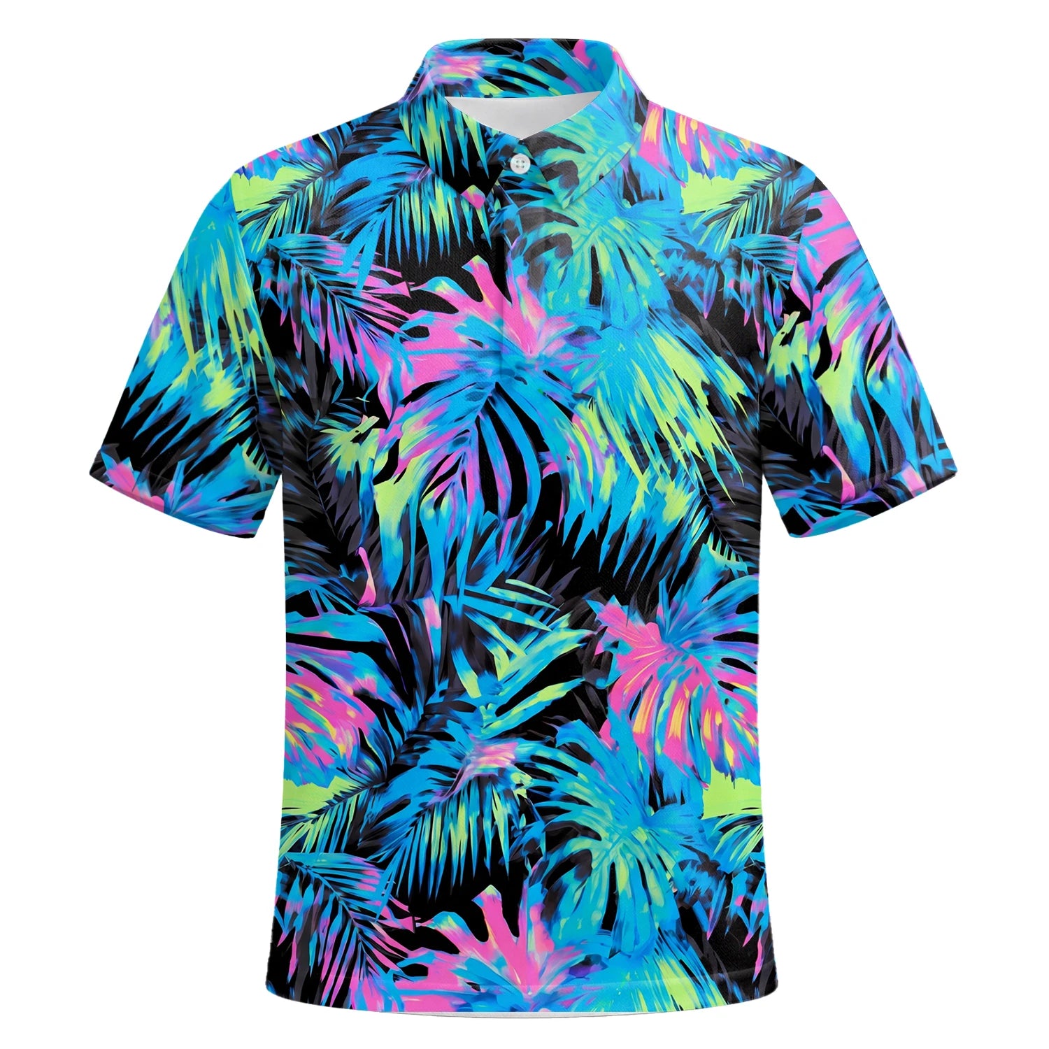 Personalisiertes Golf Poloshirt Schwarz Neon Tropisches Blätter Design für Herren D2207 | Kurzarm Premium | 6.webp