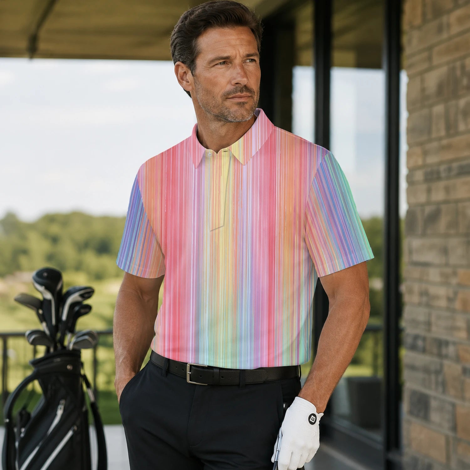 Personalisiertes Golf Poloshirt Pastell Regenbogen Streifen Design für Herren C5307 | Men Gallery | 7.webp