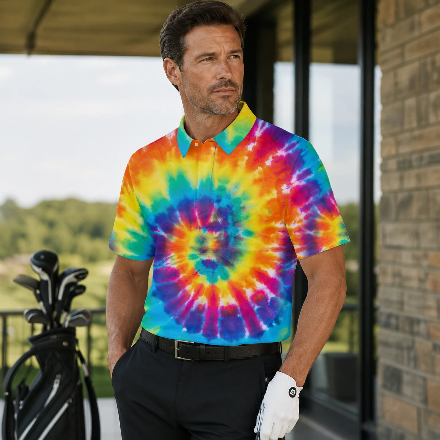 Personalisiertes Golf Poloshirt mit Regenbogen-Batik-Spirale für Herren S4610 | Men Gallery | 7.webp