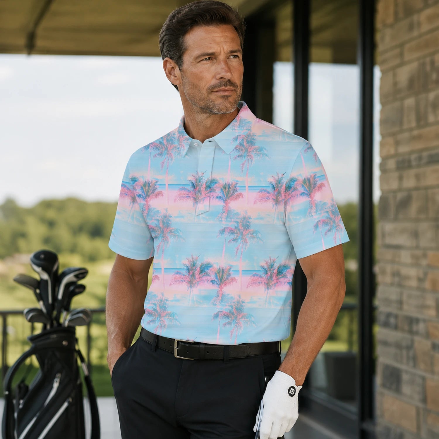 Personalisiertes Golf Poloshirt Pastellblau Rosa Palmen Sonnenuntergang Design für Herren G4431 | Men Gallery | 7.webp
