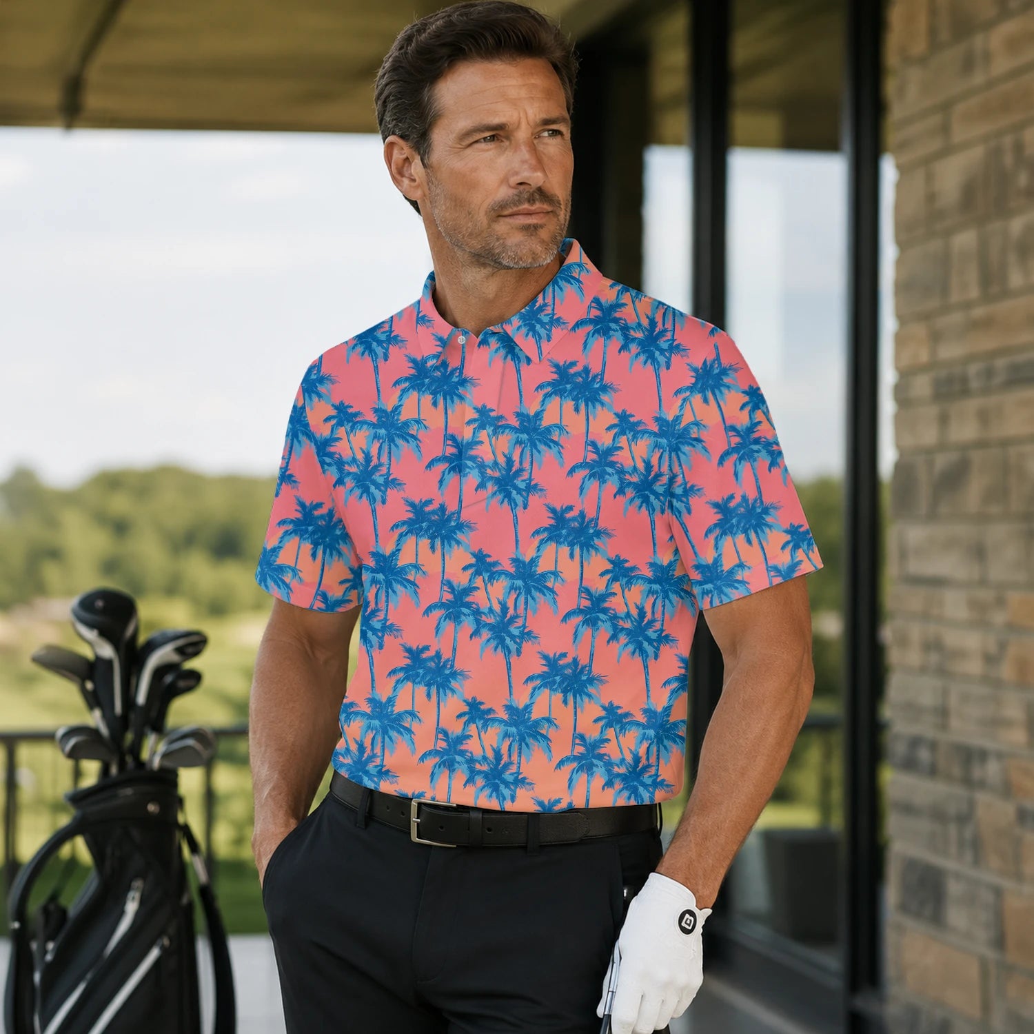 Personalisiertes Golf Poloshirt Korallenrosa Blaues Palmen Design für Herren A5845 | Men Gallery | 7.webp
