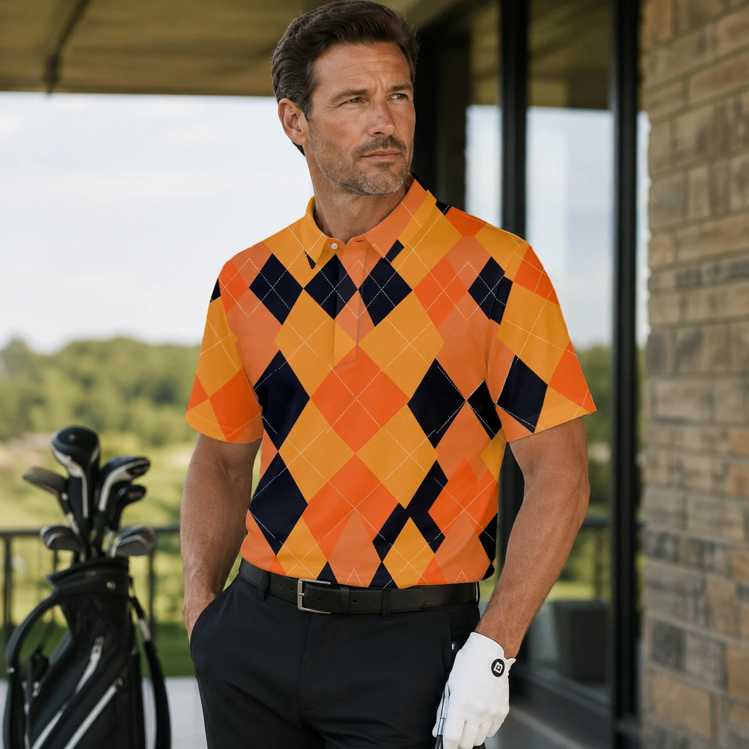 Personalisiertes Golf Poloshirt Orange Schwarzes Rauten Muster für Herren C4203 | Men Gallery | 7.webp