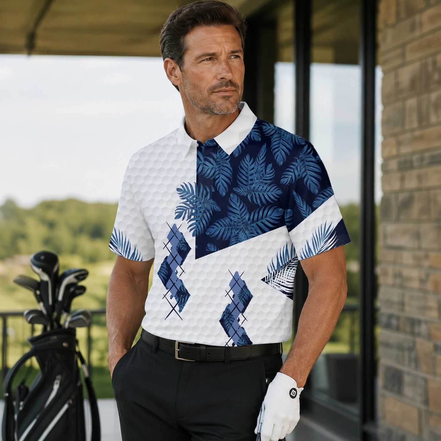 Personalisiertes Golf Poloshirt Weiß Marineblaues Tropisches Blätter Rauten Design für Herren D6549 | Men Gallery | 7.webp