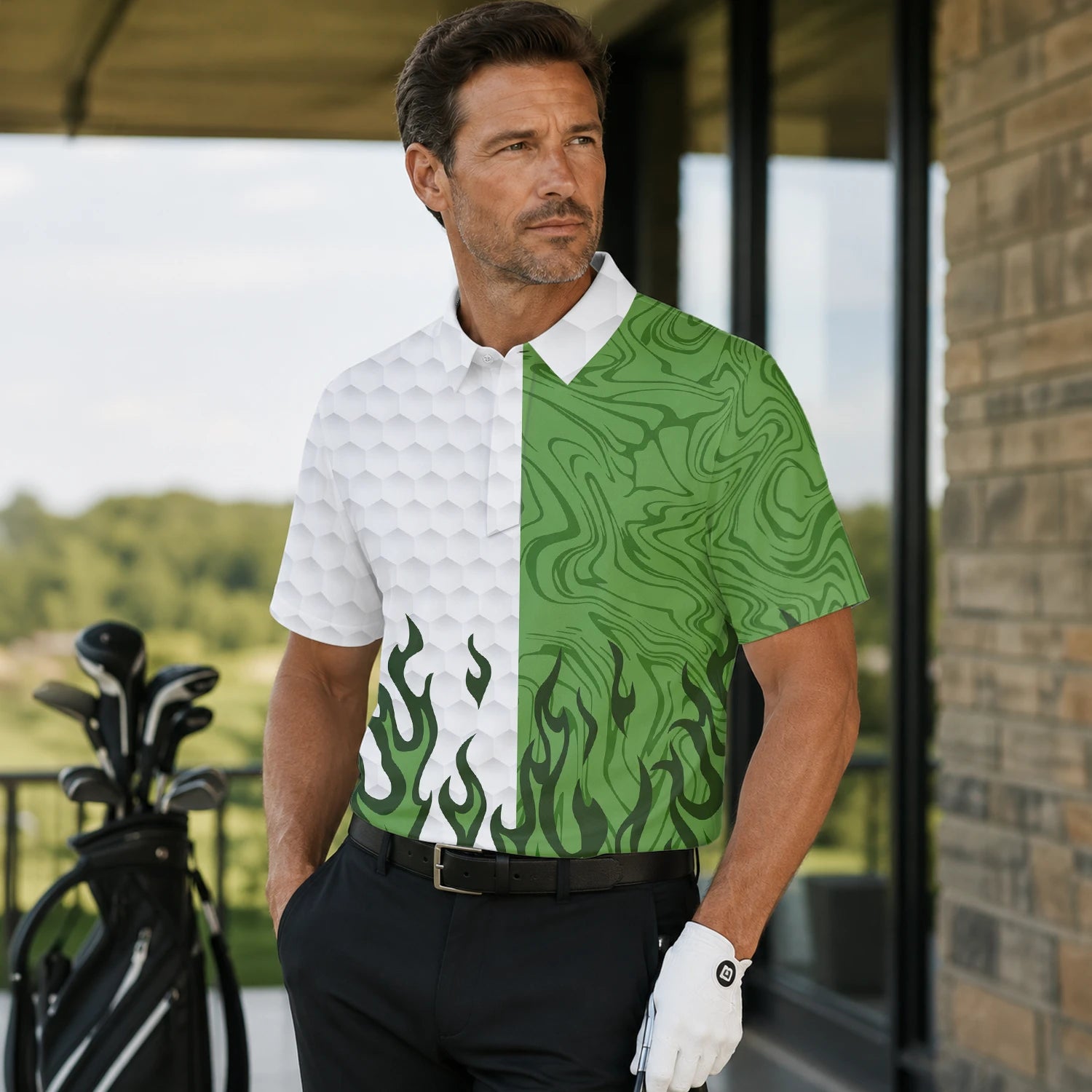 Personalisiertes Golf Poloshirt Weiß Grünes Flammen Marmor Design für Herren D2353 | Men Gallery | 7.webp