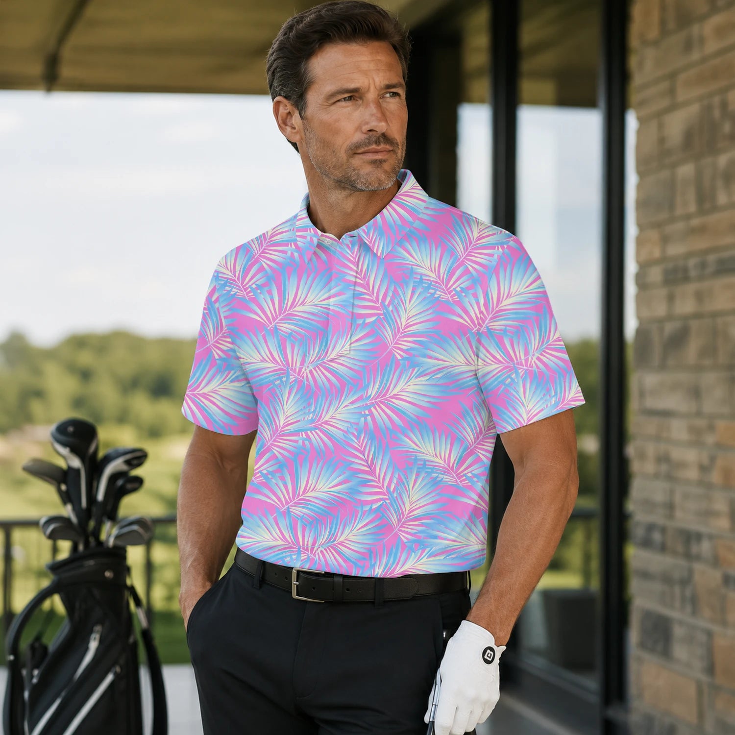 Personalisiertes Golf Poloshirt Rosa Blaues Palmenblätter Design für Herren F1458 | Men Gallery | 7.webp