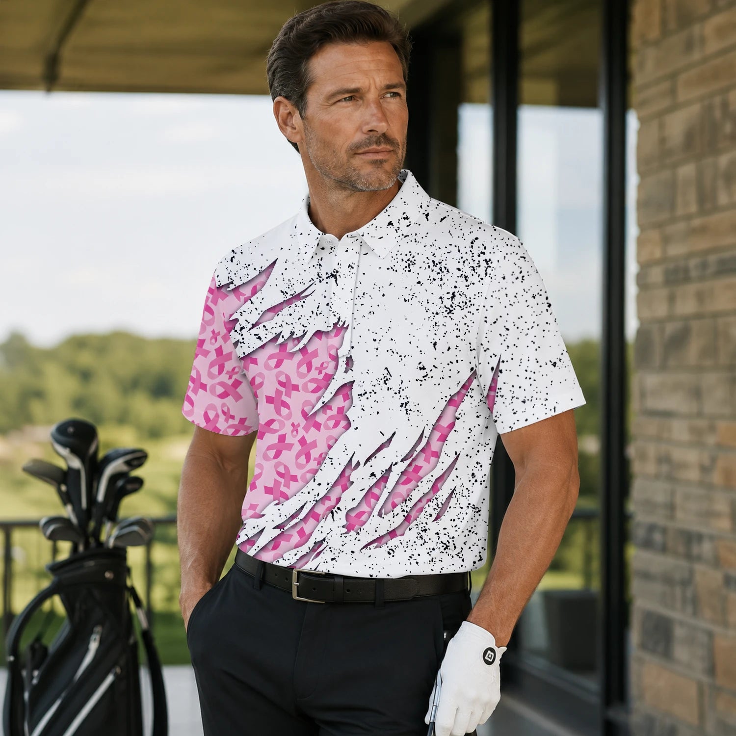 Personalisiertes Golf Poloshirt Weiß Rosa Brustkrebs Schleifen Zerrissenes Design für Herren B7190 | Men Gallery | 7.webp