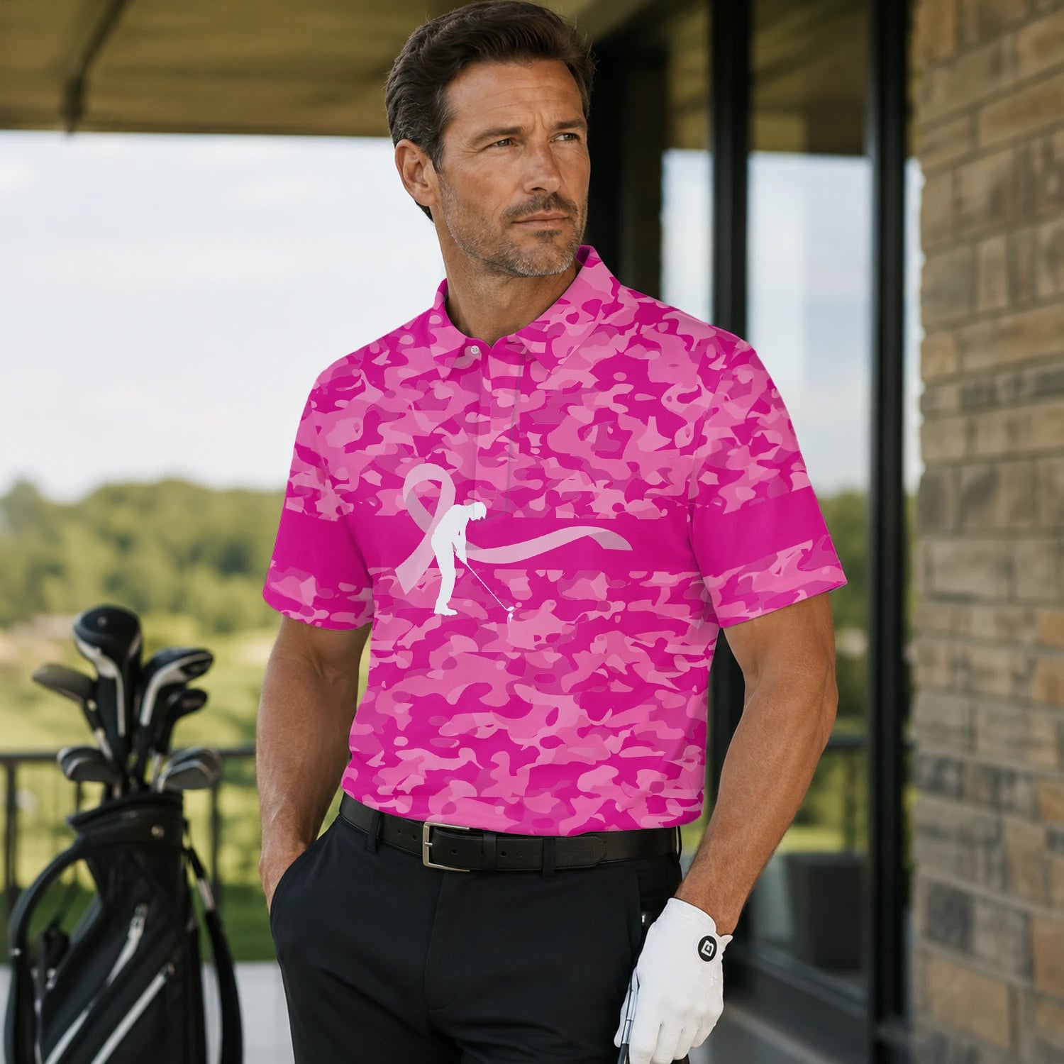 Personalisiertes Golf Poloshirt Rosa Camo Brustkrebs Awareness Schleifen Golfer Design für Herren Z3179 | Men Gallery | 7.webp