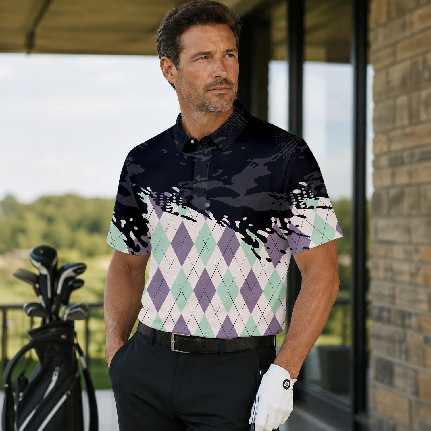 Personalisiertes Golf Poloshirt Schwarz Mint Lila Rauten Farbklecks Design für Herren C5124 | Men Gallery | 7.webp