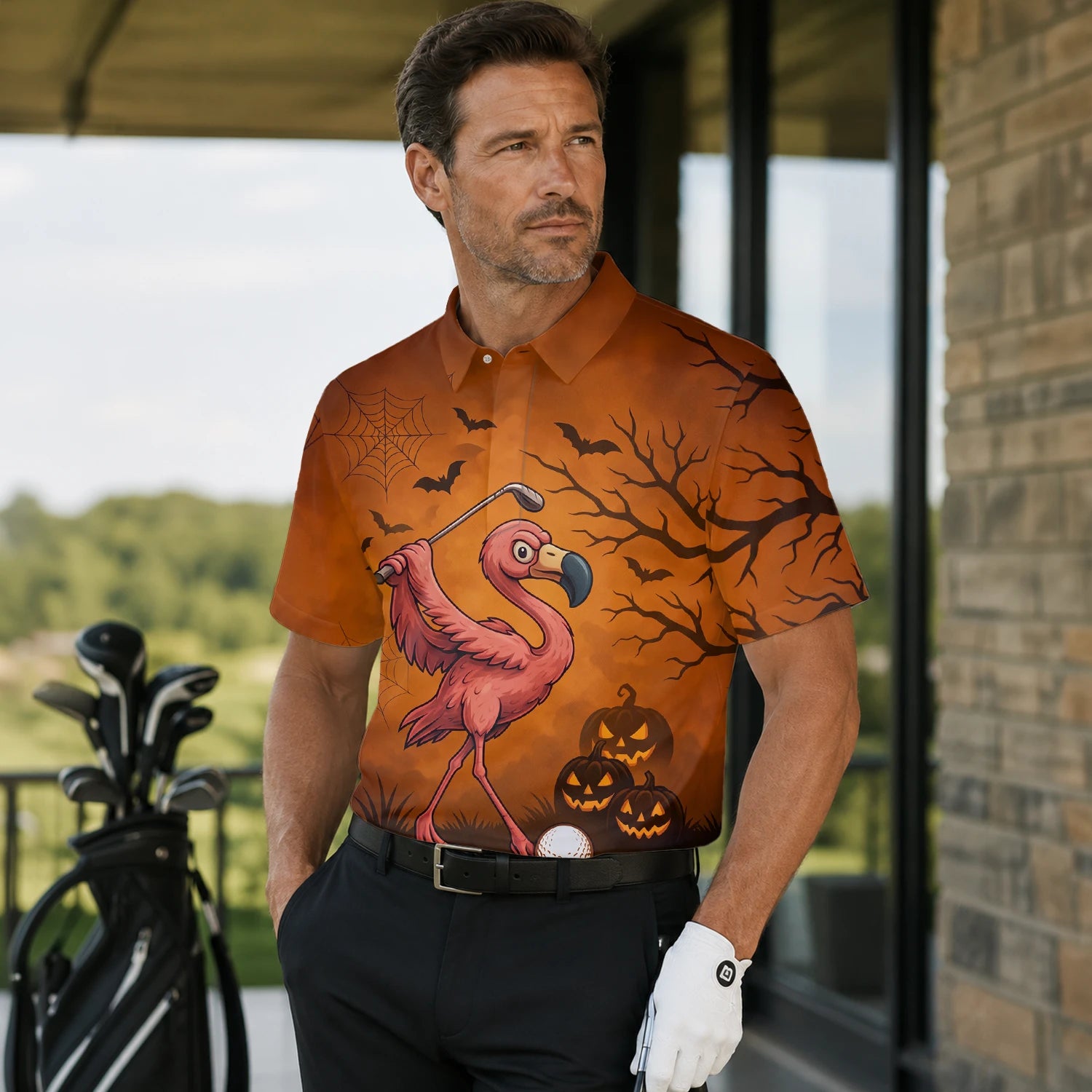 Personalisiertes Golf Poloshirt Orange Halloween Flamingo Golfer Kürbis Design für Herren V7072 | Men Gallery | 7.webp