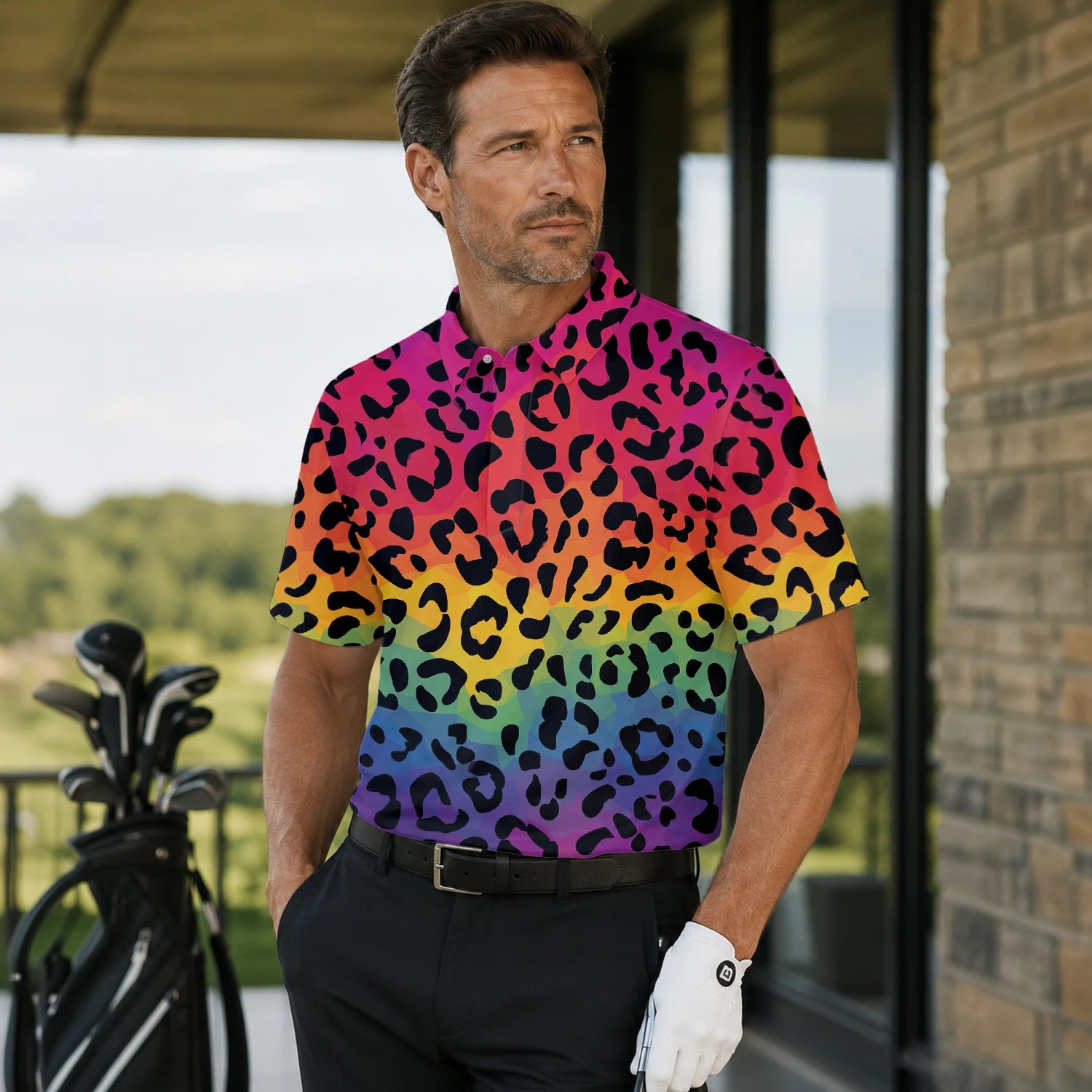 Personalisiertes Golf Poloshirt Regenbogen Leo Print Design für Herren X1632 | Men Gallery | 7.webp