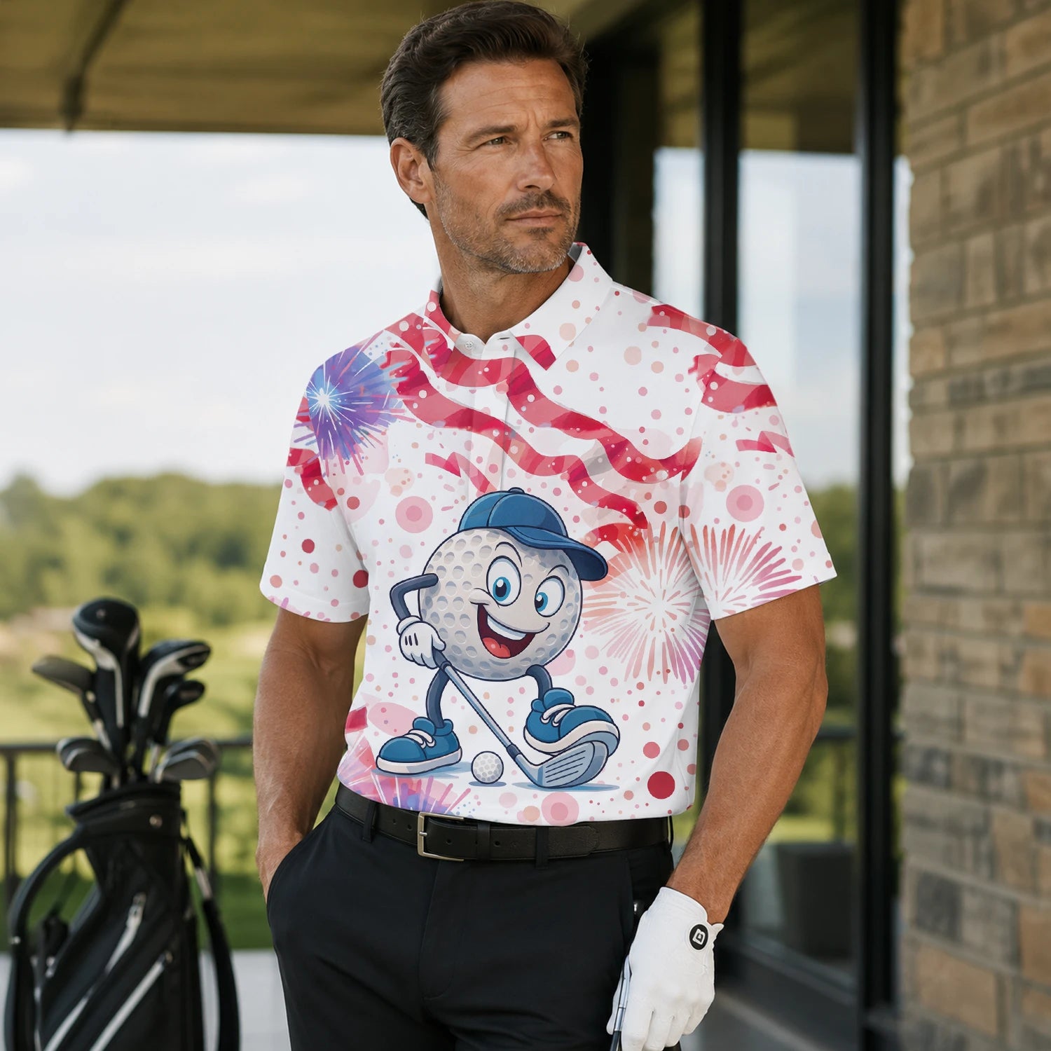 Personalisiertes Golf Poloshirt Weiß Rosa Golfball Cartoon Feuerwerk Design für Herren C2083 | Men Gallery | 7.webp