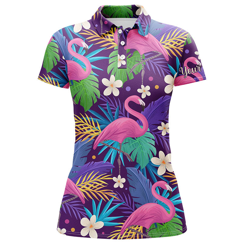 Individuelles Damen-Golfpoloshirt mit buntem Flamingo- und Tropenblätter-Muster – Ideal für Teamevents auf dem Golfplatz N3897