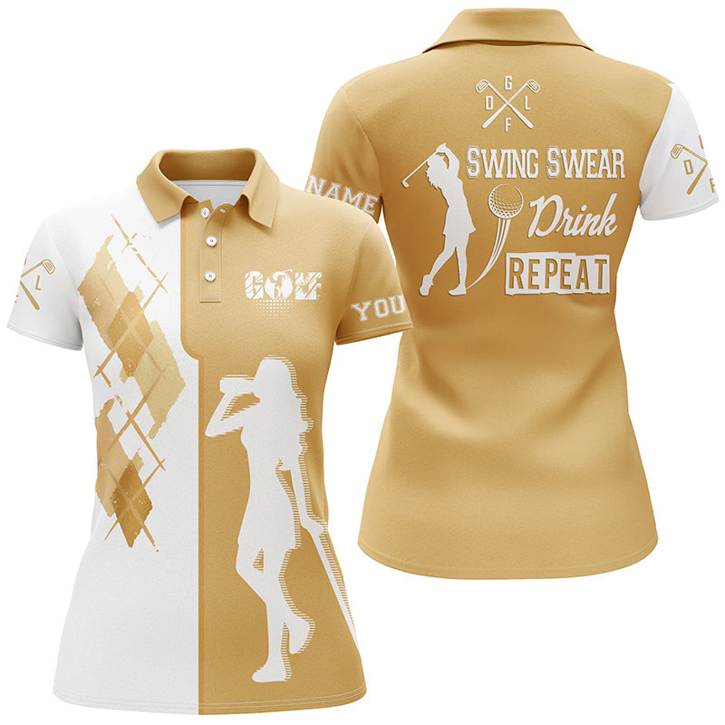 Frauen Golf Polo-Shirt in Weiß und Gelb – Schwingen, Schwitzen, Genießen, Immer Wieder! N6560
