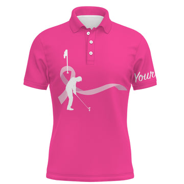 Personalisierte Golf-Polo-Shirts für Männer zur Unterstützung der Brustkrebs-Aufklärung mit pinkem Band N6371
