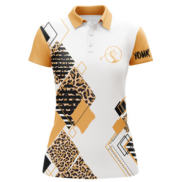 Personalisierte Damen Golf Polo-Shirts in Gelb mit Weißem Leopardenmuster – Individuelle Namensstickerei – Perfektes Golfgeschenk für Sie N3930