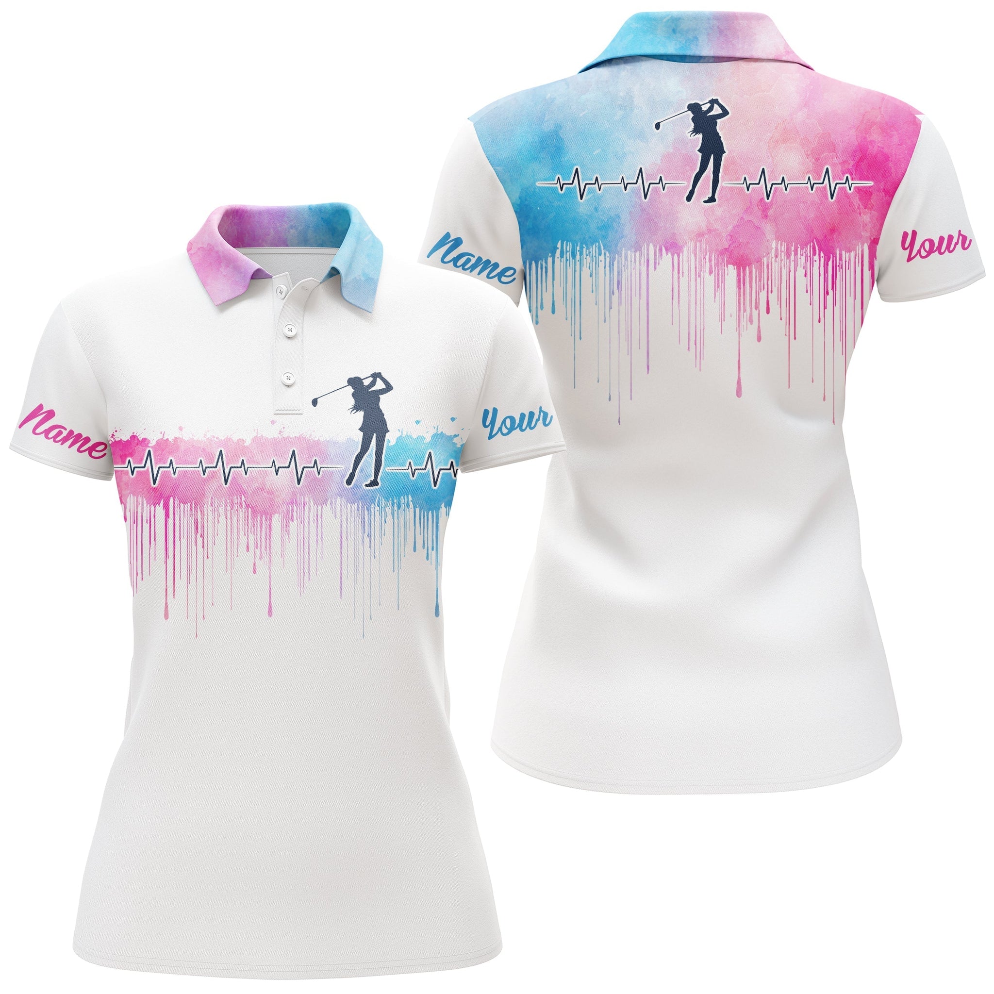 Personalisierbares Damen Golf Polo-Shirt „Heartbeat“ in Pink und Blau – Wasserfarben-Design N3762