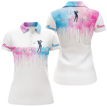 Personalisierbares Damen Golf Polo-Shirt „Heartbeat“ in Pink und Blau – Wasserfarben-Design N3762