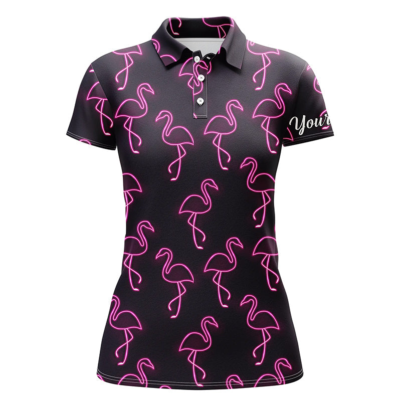 Personalisierbares schwarzes Golf-Polo-Shirt für Damen mit neonglühendem Flamingo-Muster – Individuelles Team-Golf-Polo N4951